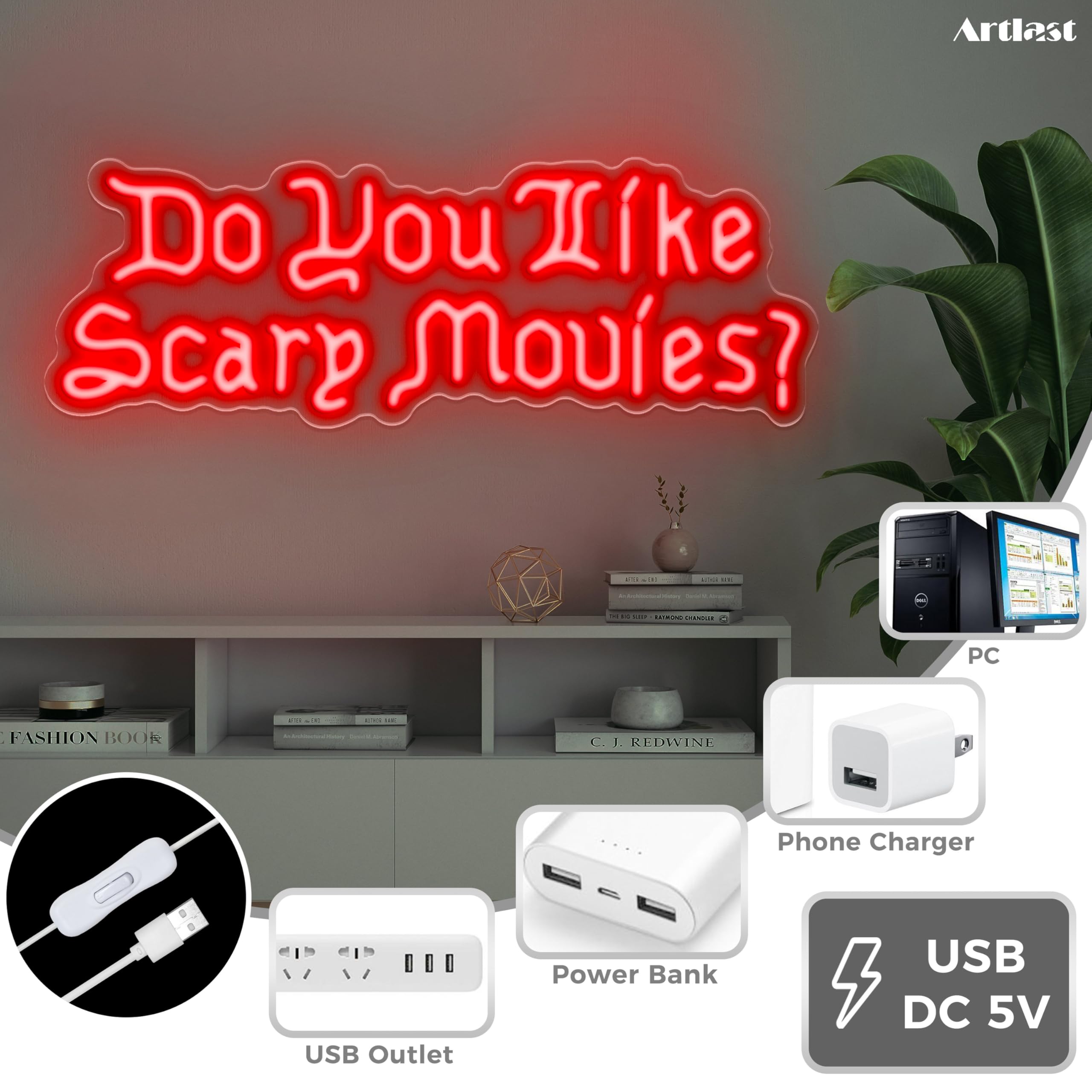 Artlast LED Neon Sign - inDo You Like Scary Moviesin - 17inx5.98in - Red - Acrylic - Halloween Party Decor