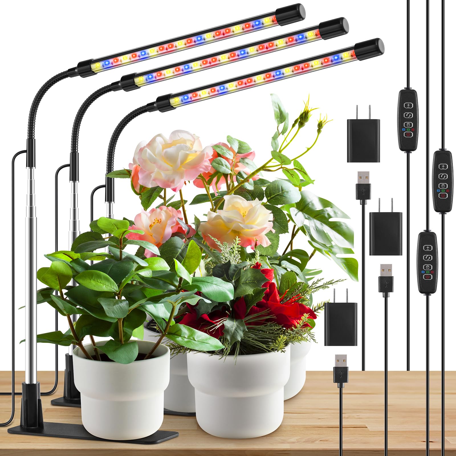 Lpmzmbl Grow Light, Led Plant Light For Indoor Plant Growing, Full Spectrum Desk Grow Lamp With Base,10 Dimmable Levels, Plant Lamp With Automatic Timer For 3/9/12H, Height Adjustable 6.5&quot;-26&quot;(3 Pack)