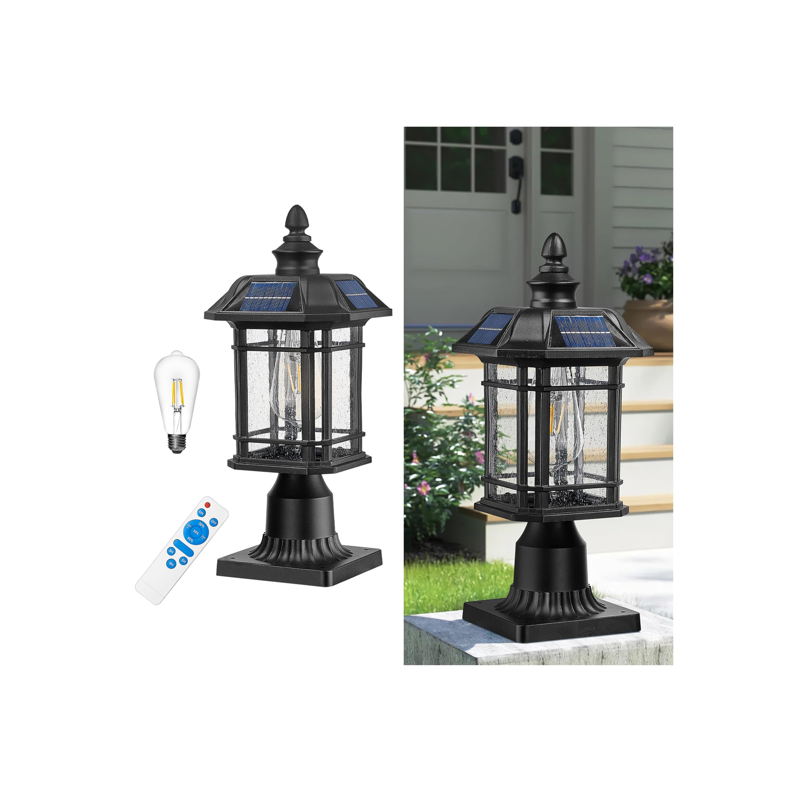 Emliviar Integral Solar Lamp Post with Fixed Pire Mount Base, Matte Black LED Fence Deck Pilllar Lighting for Patio, Portable Ou