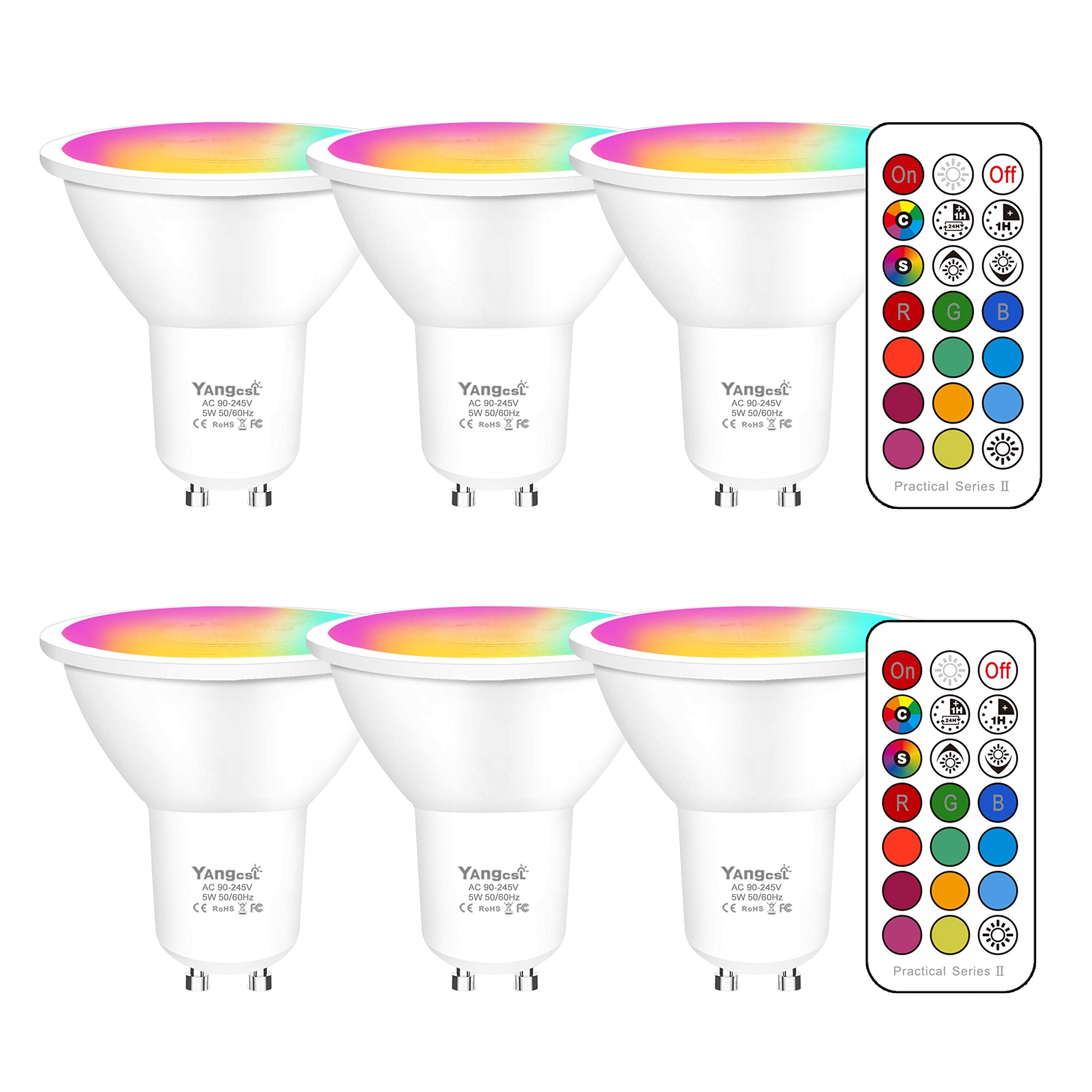 Yangcsl GU10 LED Bulbs, Color Changing, 400LM, 45° Beam Angle, 6 Pack, RGB + Warm White, Mood Lighting