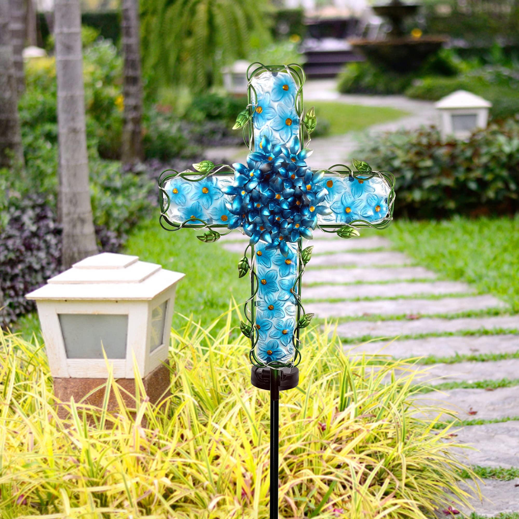 Coozzyhour Solar Cross Garden Lights Outdoor Decorative - Solar Metal&Glass Cross Blue Hydrangea Flower Stake Lights- Waterproof