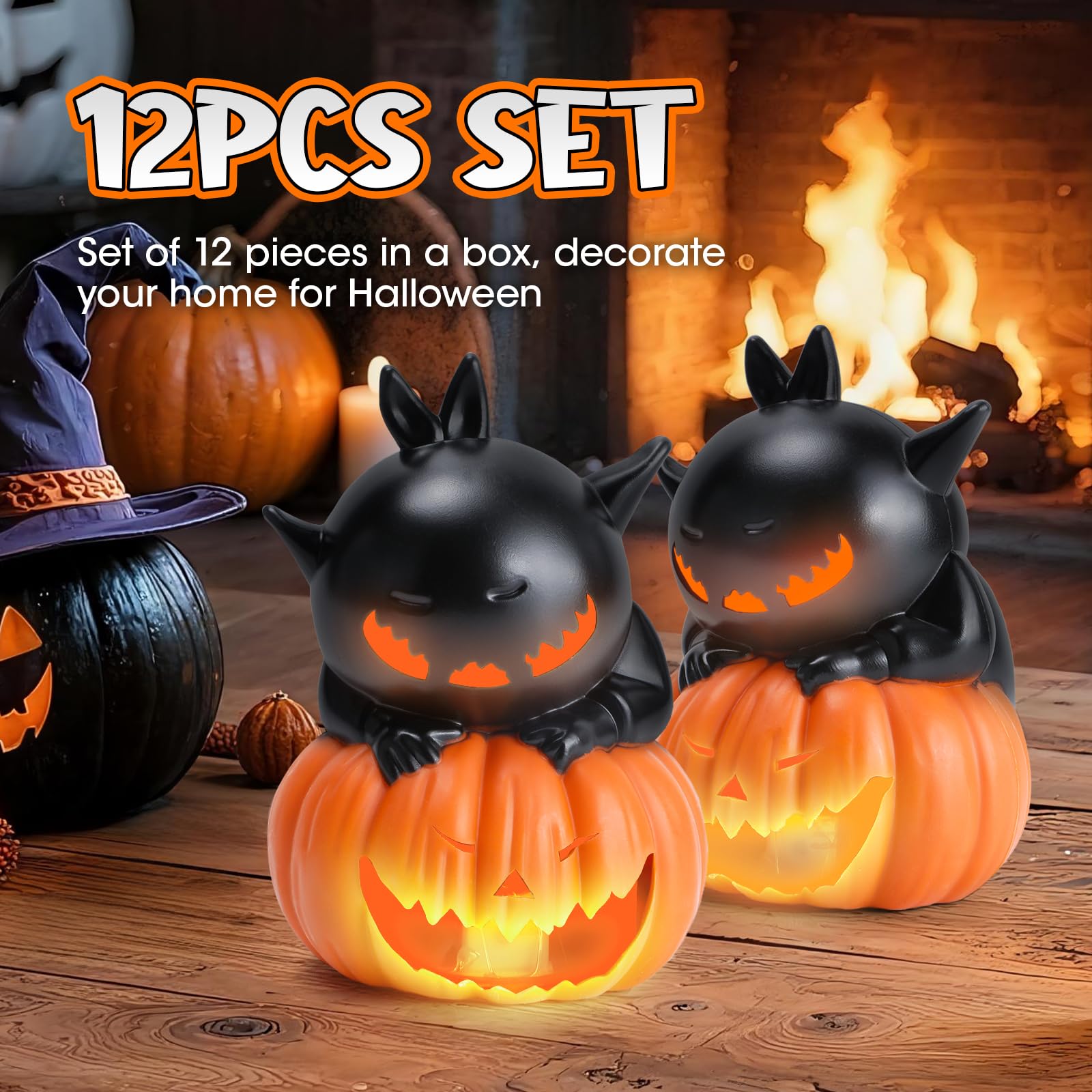 Inyptropic Halloween Flameless Candles Halloween Decorations 12 Pack Pumpkin Cat Led Nightlight Candles Indoor Table Decor Gifts