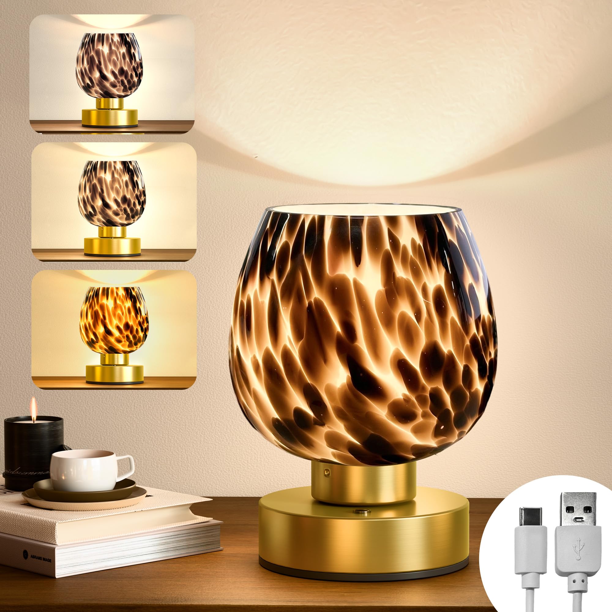 JACKYLED Cordless Touch Lamp - 3 Color Modes, Dimmable, Rechargeable, Metal, Brown, Model JKTL15-7003401AUS, Ideal for Small Spaces