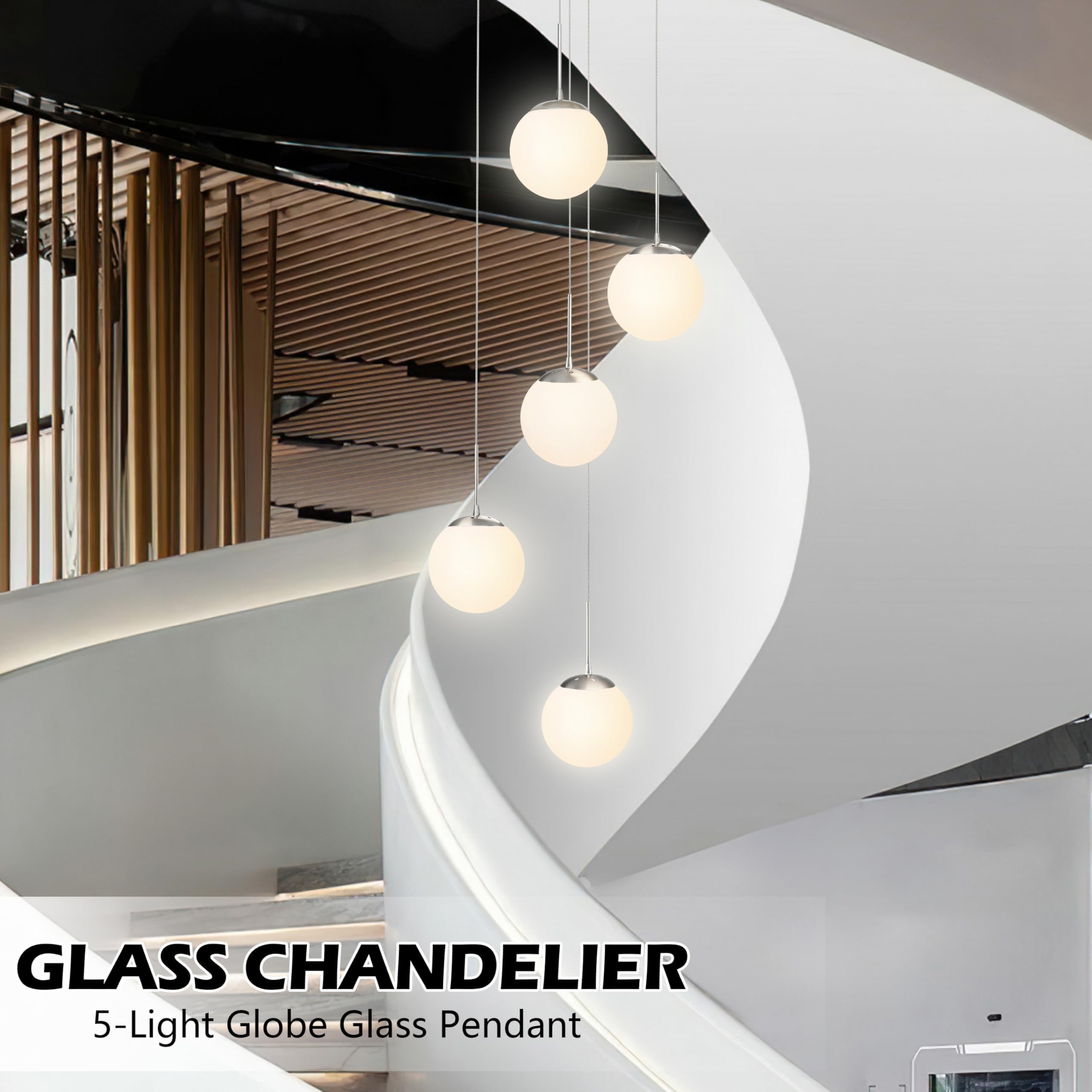 Koko&Yukina 5-Light Globe Glass Pendant Light Adjustable Length Pendant Lights Fixtures Modern Nickel Chandelier With Milky Whit