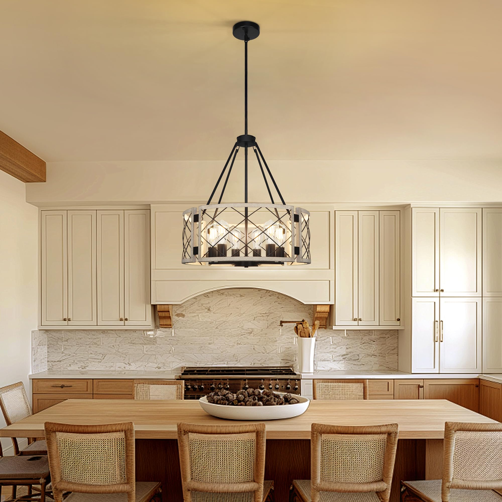 Sigaitwei 21.7'' Farmhouse Drum Chandelier,6-Light Adjustable Dining Room Light Fixture Kitchen Island Lighting, Rustic Hanging