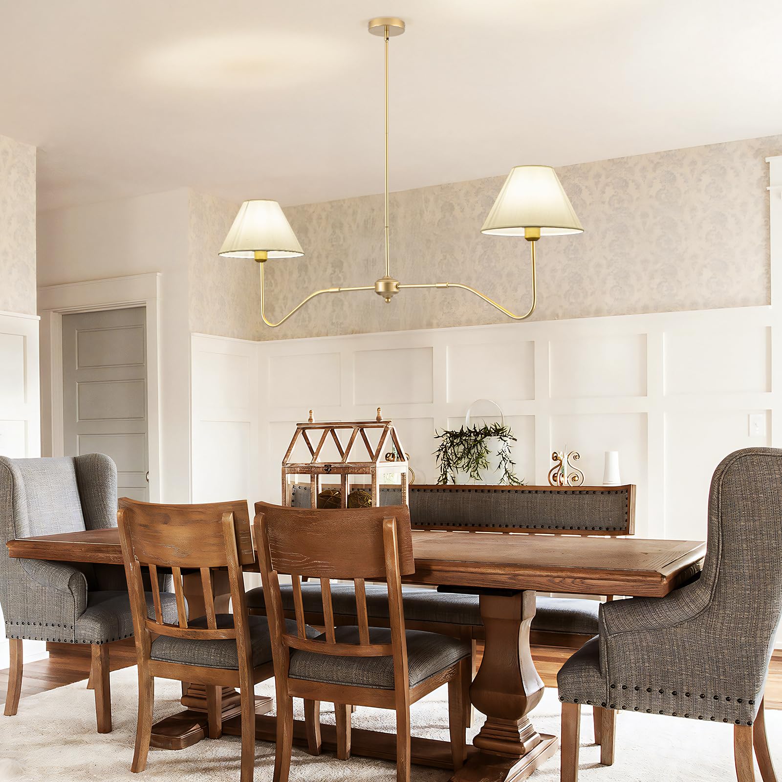 JSDORSY 2-Light Gold Linear Chandelier, 55" Adjustable Farmhouse Lighting with White Fabric Shades, Model JL-2T-Gold