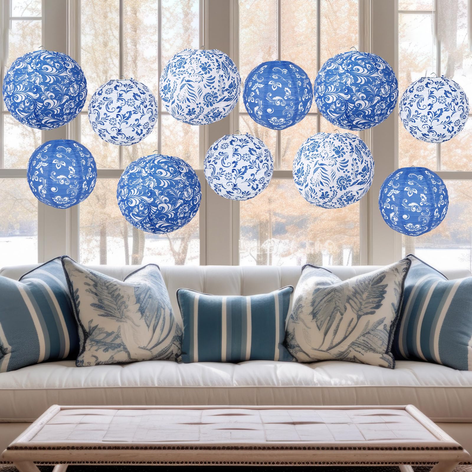Lonfliness Chinoiserie Paper Lanterns, 15 Pcs, 10"/8", Blue & White, Hanging Decor for Birthday, Wedding, Baby Shower