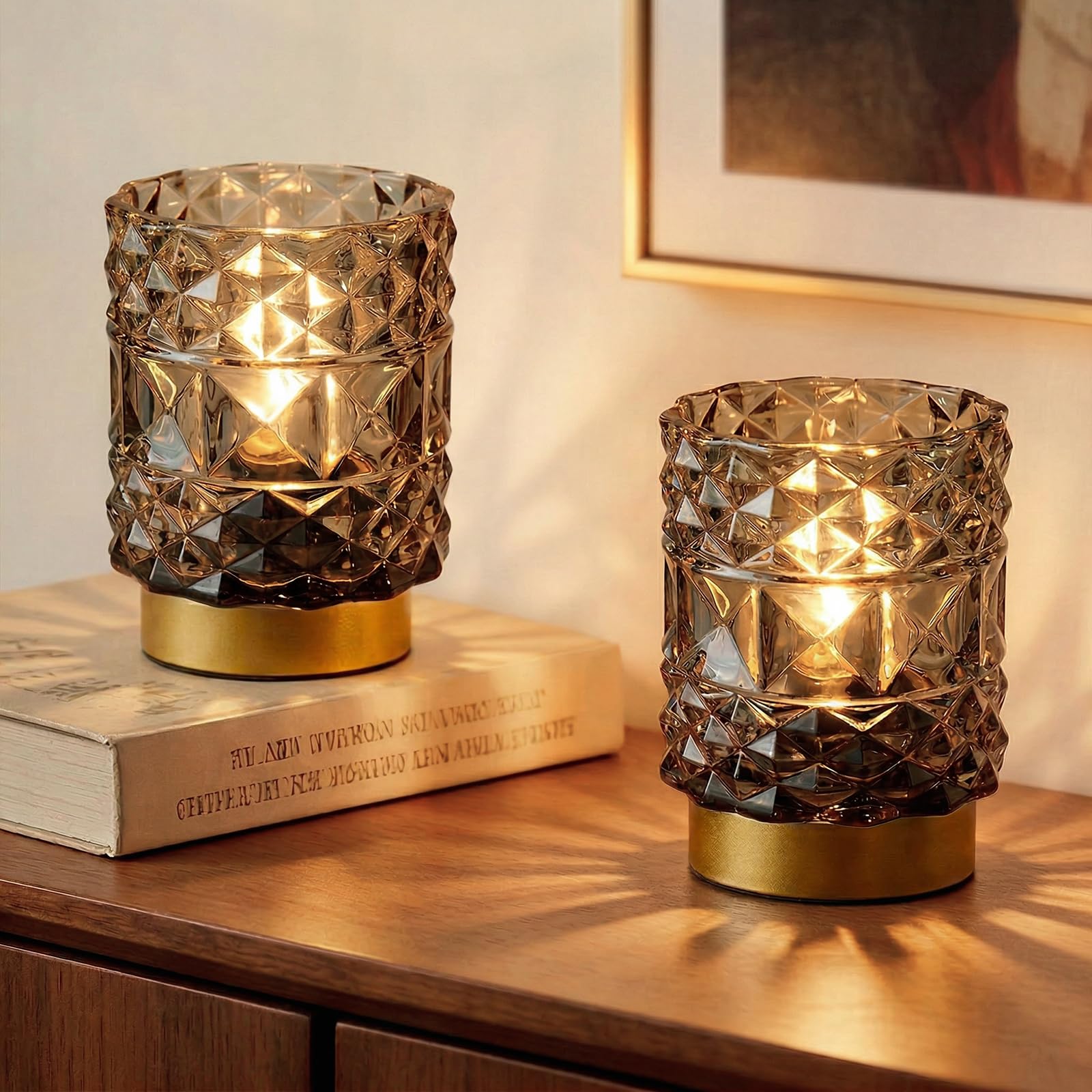 Battery Operated Lamp with Timer, Cordless Table Lamps for Shelf Decor, Rhombus Texture Aesthetic Crystal Lamp, Small Decorative