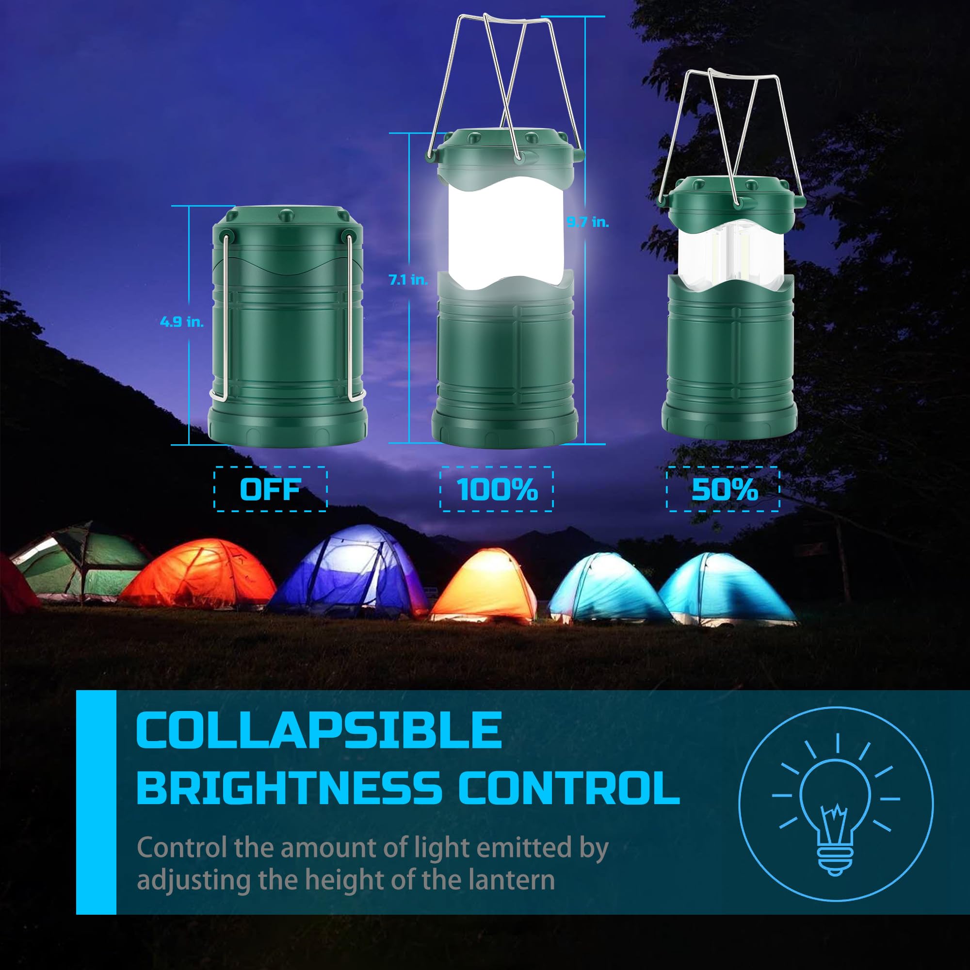 Lichamp LED Camping Lantern, 4 Pack Portable Light, Battery Powered, Collapsible, Model B4C5, Colors: Blue, Dark Green, Gold, Black