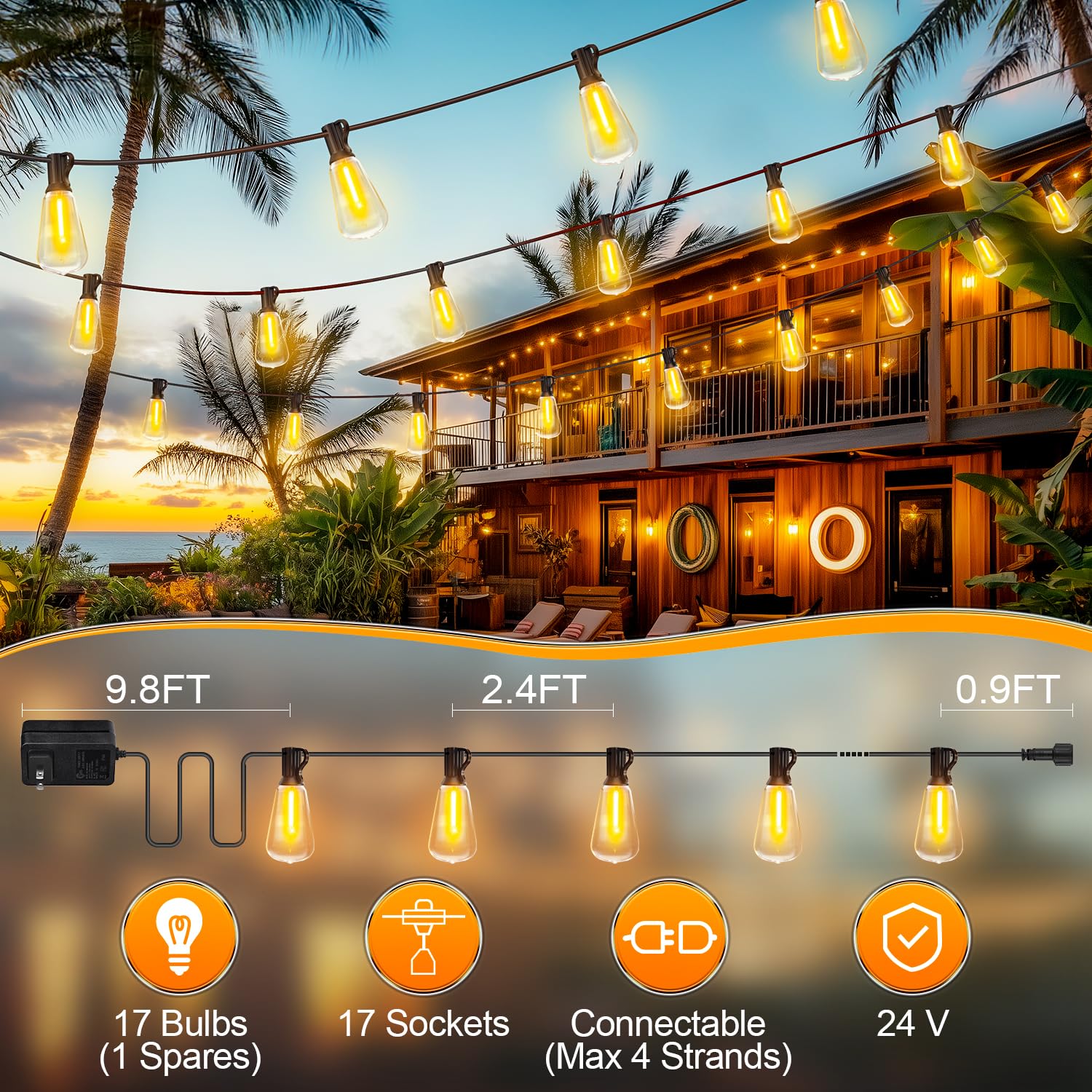 Mgvih Outdoor String Led Patio Lights - 50Ft 15M Outside Waterproof Light St38 Shatterproof Bulb Connectable Hanging Outdoor Ele