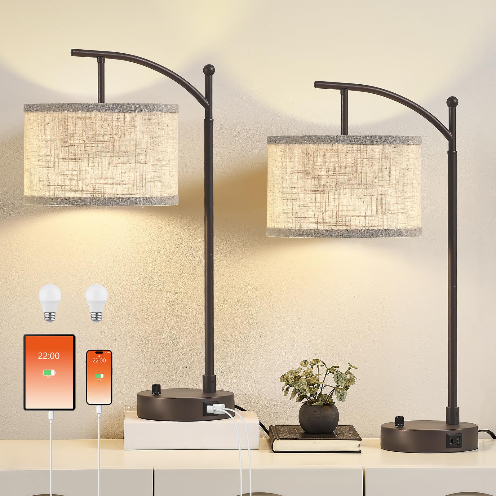 Hikczc Table Lamp for Living Room Bedroom  23.5 Table Lamps Set of 2 with USB C+A Ports  Bedside Lamps for Nightstand with Linen Lamp Shades  2 Dimmable LED Bulbs Included  Brown