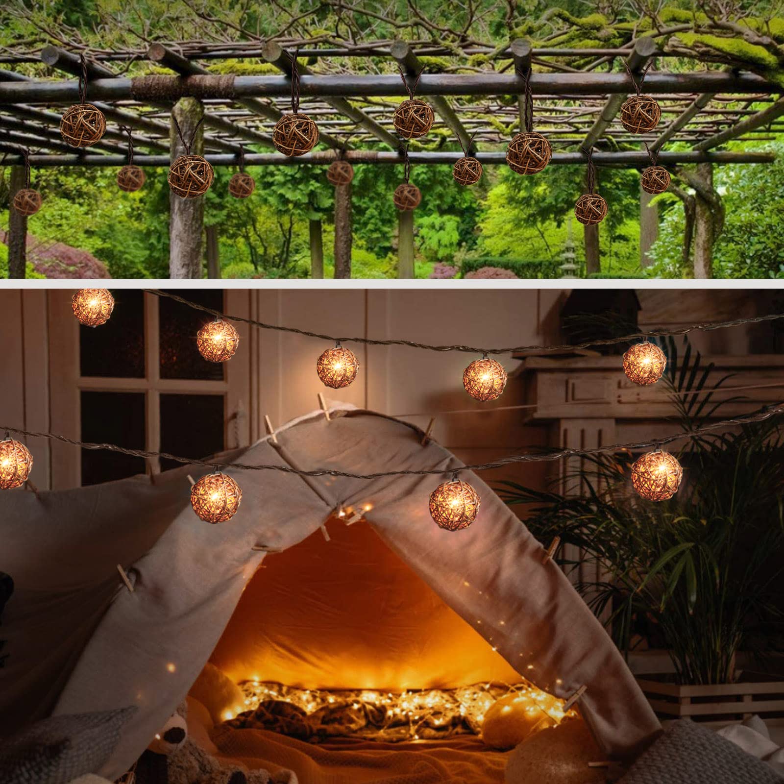 String Light Wicker Rattan Christmas String Lights, 10 Counts Mini Natural Globe Rattan ...