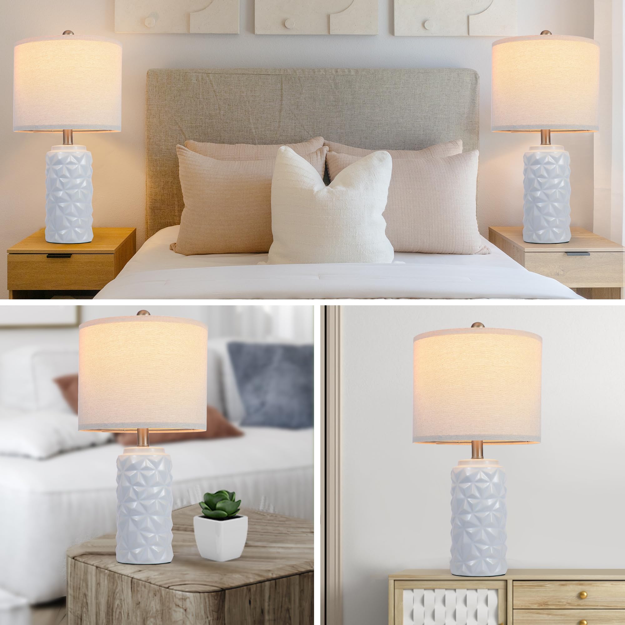 Ikopyal 22'' White Modern Ceramic Bedside Lamp Set Of 2 For Bedroom Decor Farmhouse Table Lamp For Living Room Office Dorm