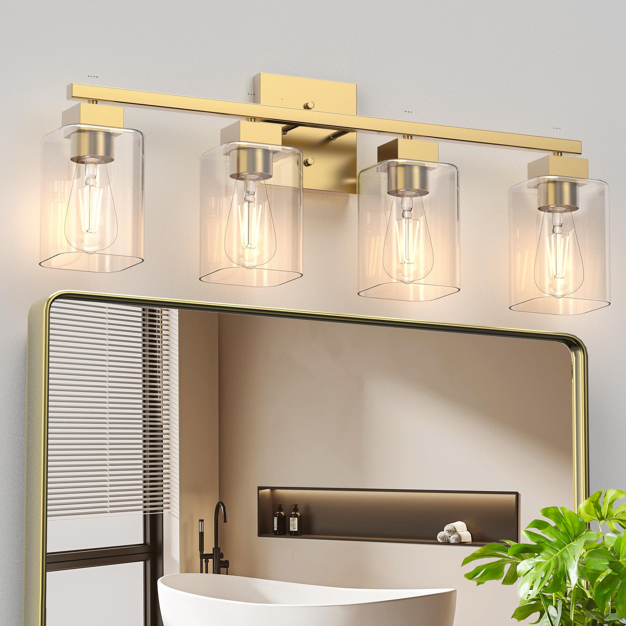 Espird 4 Light Bathroom Vanity Light - Brass Gold Light Fixture Bathroom Square Design & Ul Certification, Square Vintage Bathro