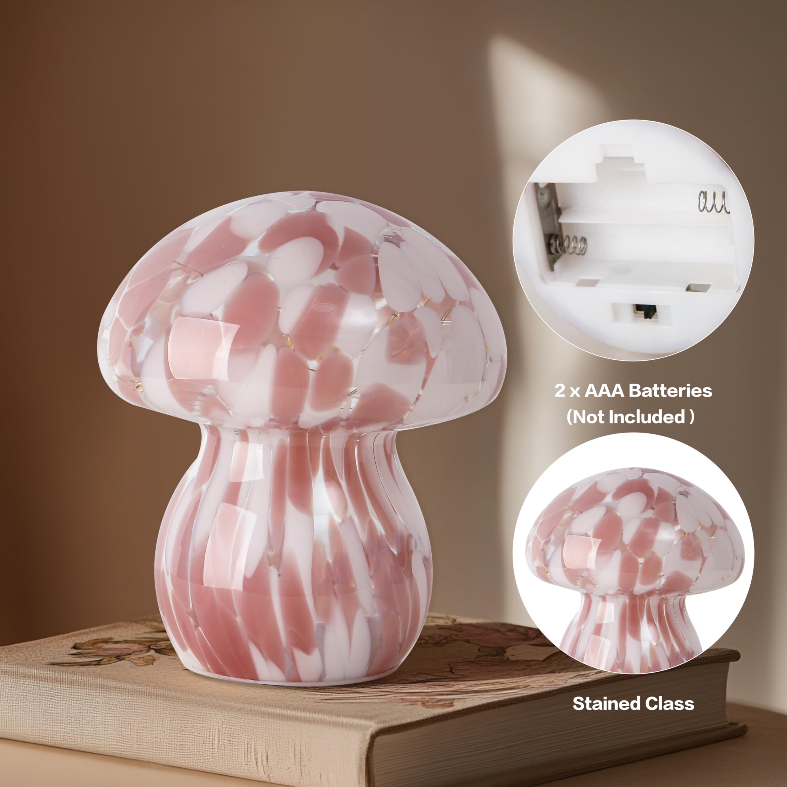 JBGIYOSG Glass Mushroom Table Lamp, 5.9 Cute LED Night Light for Home Decor, Battery Operated (3 AA), Modern Ambient Light for L