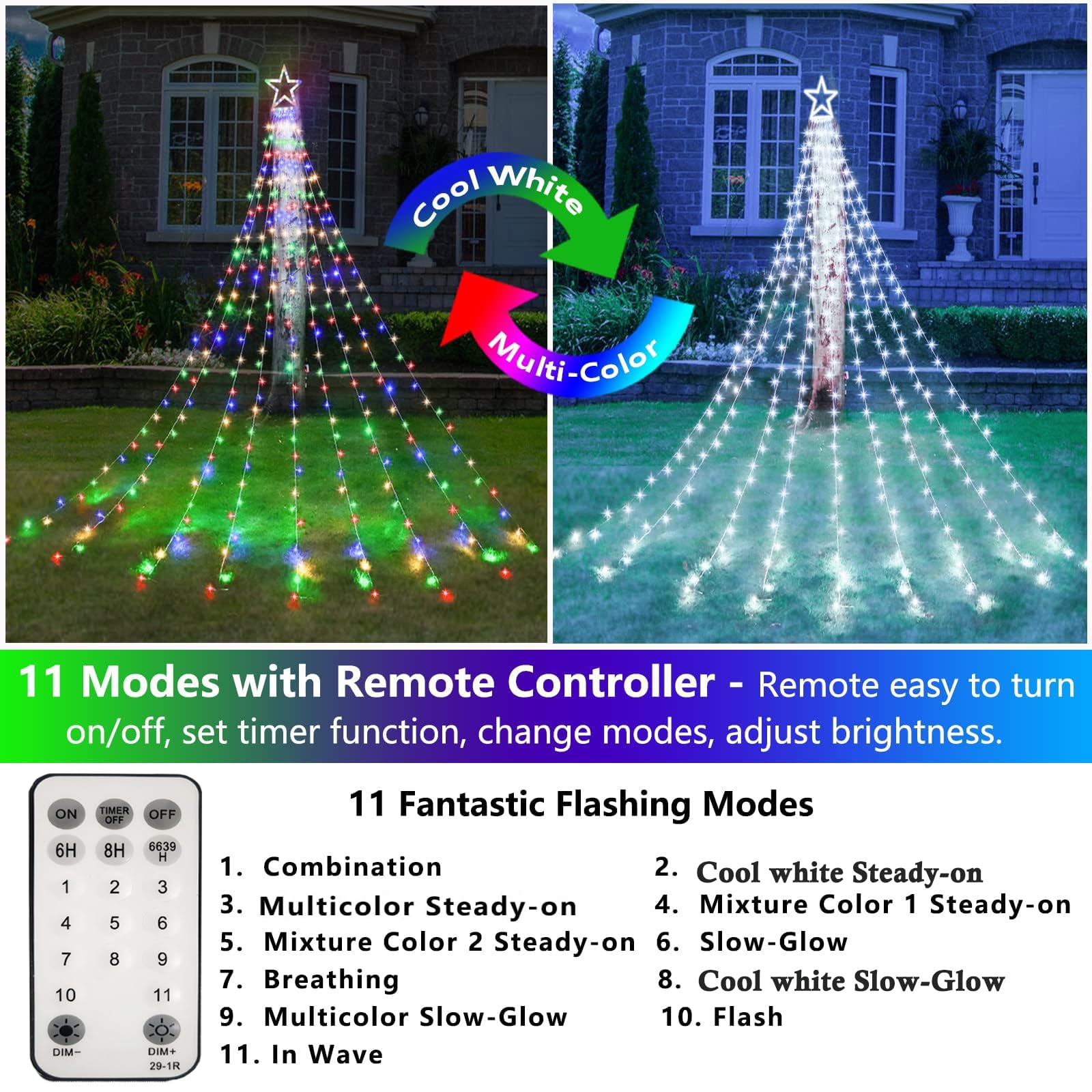 Decute Outdoor Christmas Decorations Star String Lights Color Changing Timer With Remote  Waterproof 320 Led Tree Toppers Fairy Lights For Yard Garden Backyard Holiday Decor Cool White + Multi-Color