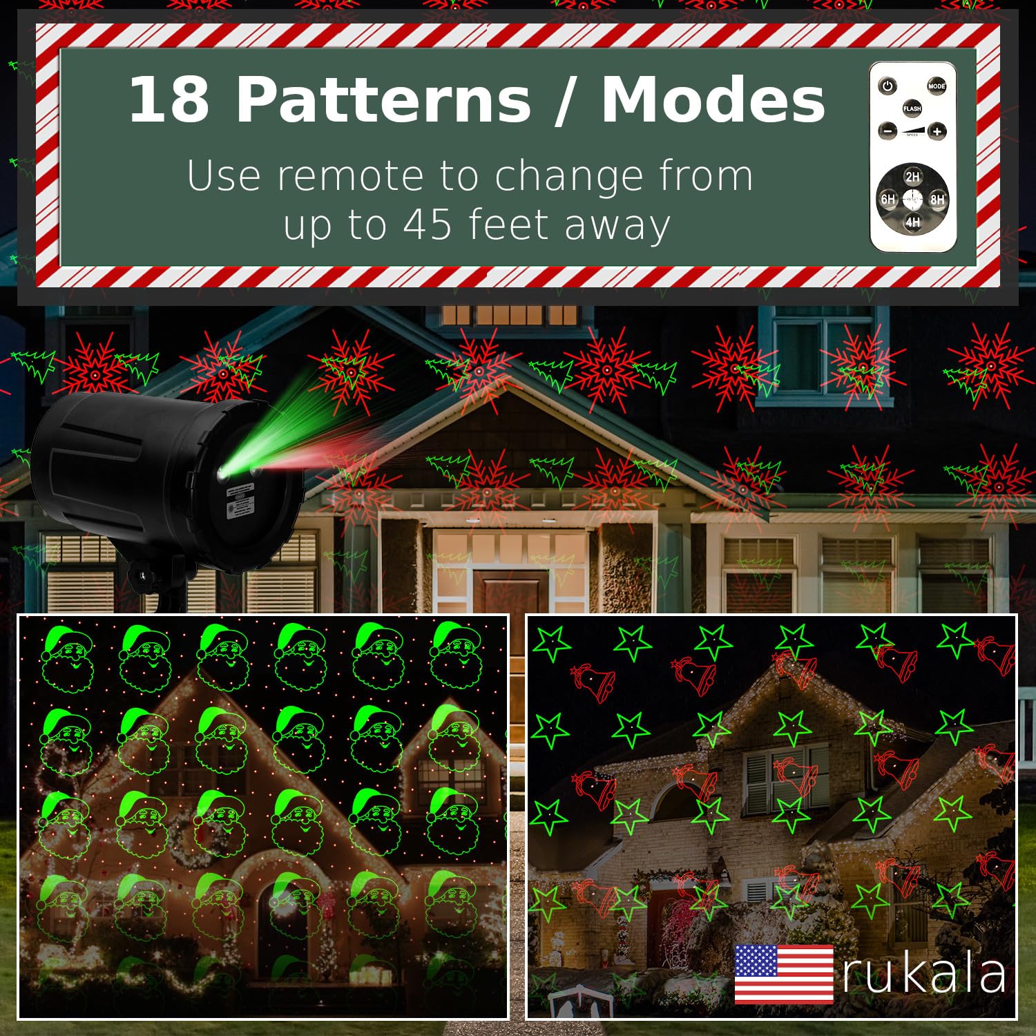 Rukala Christmas Projector Laser Lights - 18 Patterns, Red & Green, 2-Pack, Aluminum, Model KS-GL202CMRG