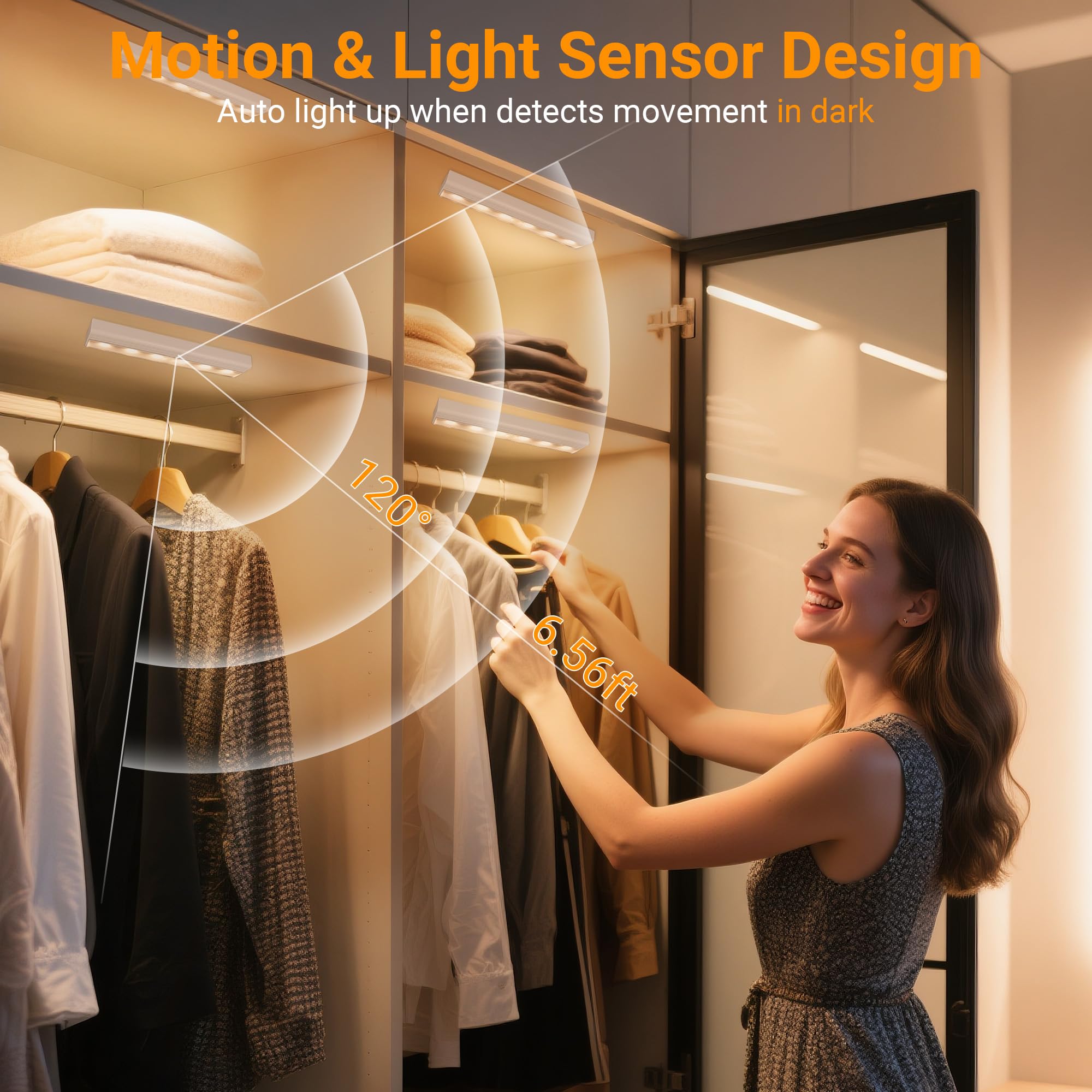 maylit 4 Pack Motion Sensor Closet Lights, Battery Operated, Wireless LED Bar, Warm White, Magnetic Stick-On for Indoor Use