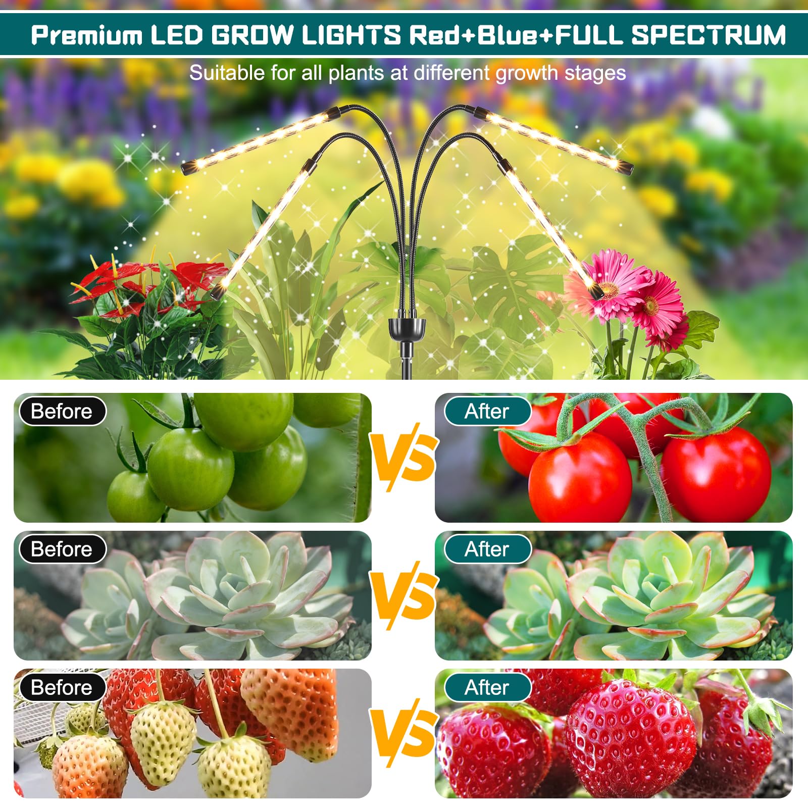 yentbokj Full Spectrum Grow Lights for Indoor Plants, Adjustable Tripod Stand, Timer & Remote Control, 15-63 inches