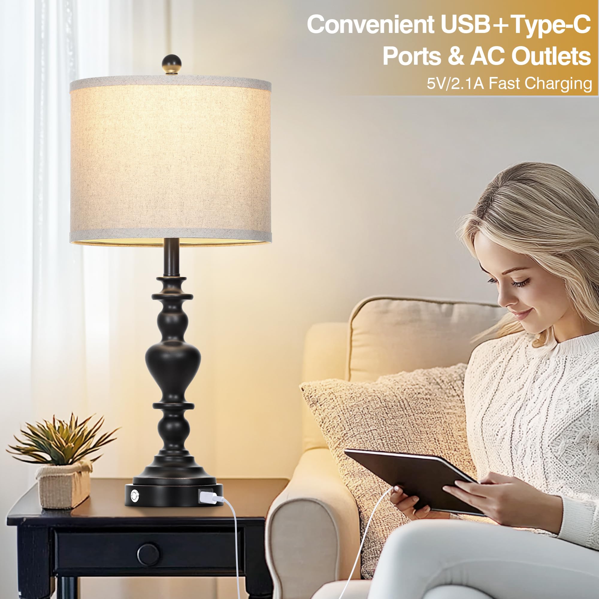 27'' Farmhouse Vintage Lamps Set Of 2 With Usb C+A Ports & Ac Outlets, Black Rustic Touch Control Table Lamp For Living Room, 3-