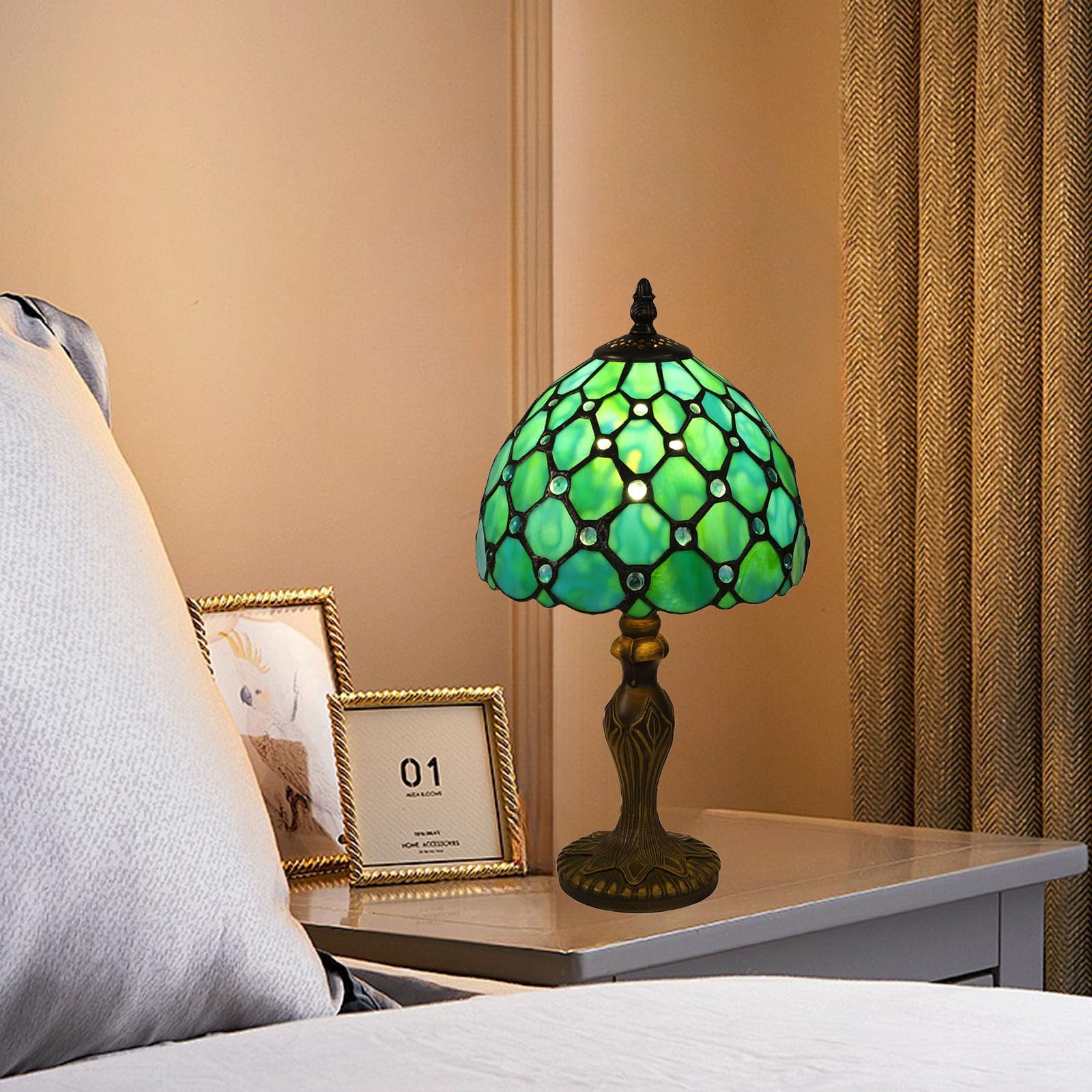 Tuomoxte Tiffany Style Table Lamp, Stained Glass Lamp, 8 Inch Small Antique Lamp, For Bedside Nightstand Bedroom Living Room Home Office, Include Led Bulb