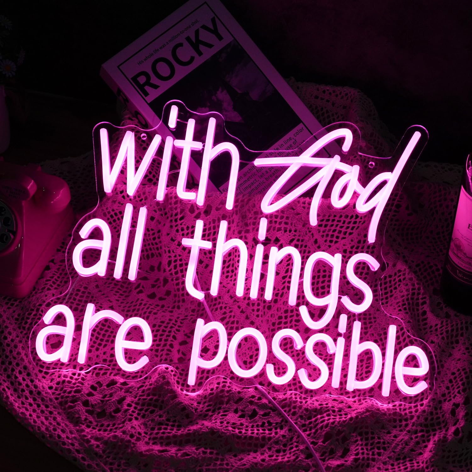 GNVETZLL Neon Sign - With God All Things Are Possible, Pink Acrylic LED Light, Dimmable, 16.9 x 13 Inch for Wall Decor