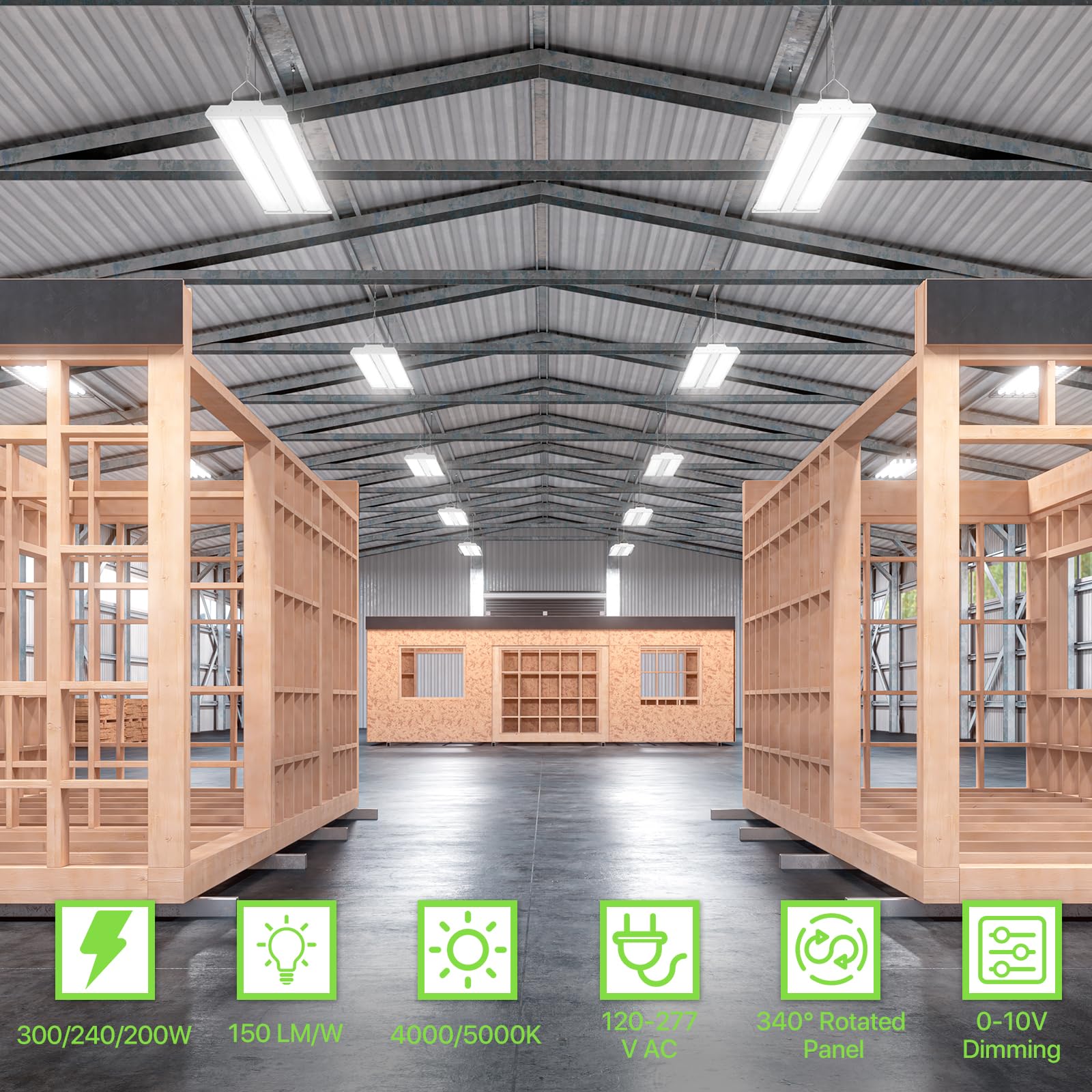 Glitgate 3Ft Led High Bay Light 2Pack, 300W/240W/200W, 4000K/5000K Adjustbale Linear High Bay Shop Lights 40500Lm Max Output, Ce