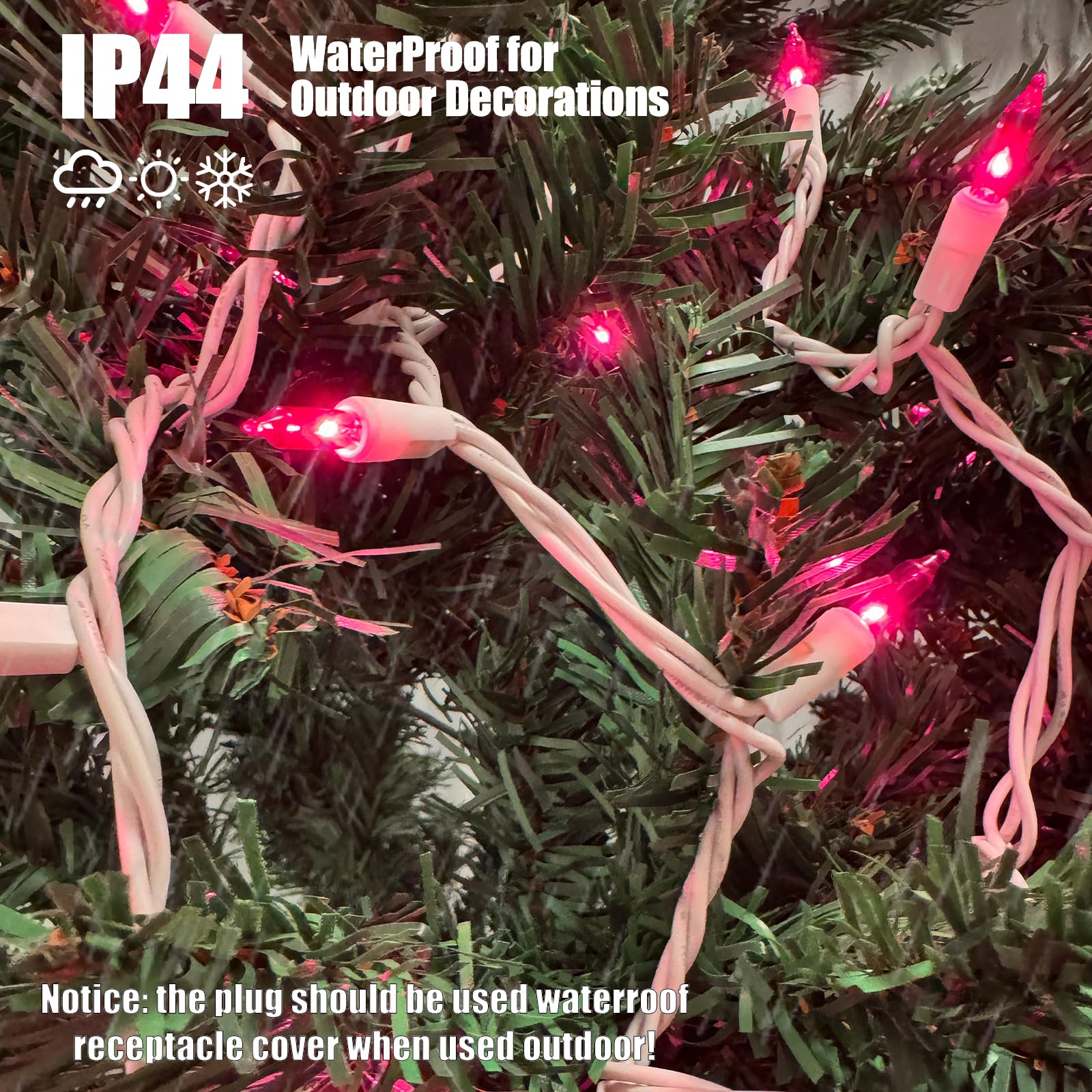 HISHINY Christmas Lights 100 Count Pink String Lights, 21ft White Wire, UL Certified for Indoor/Outdoor Use