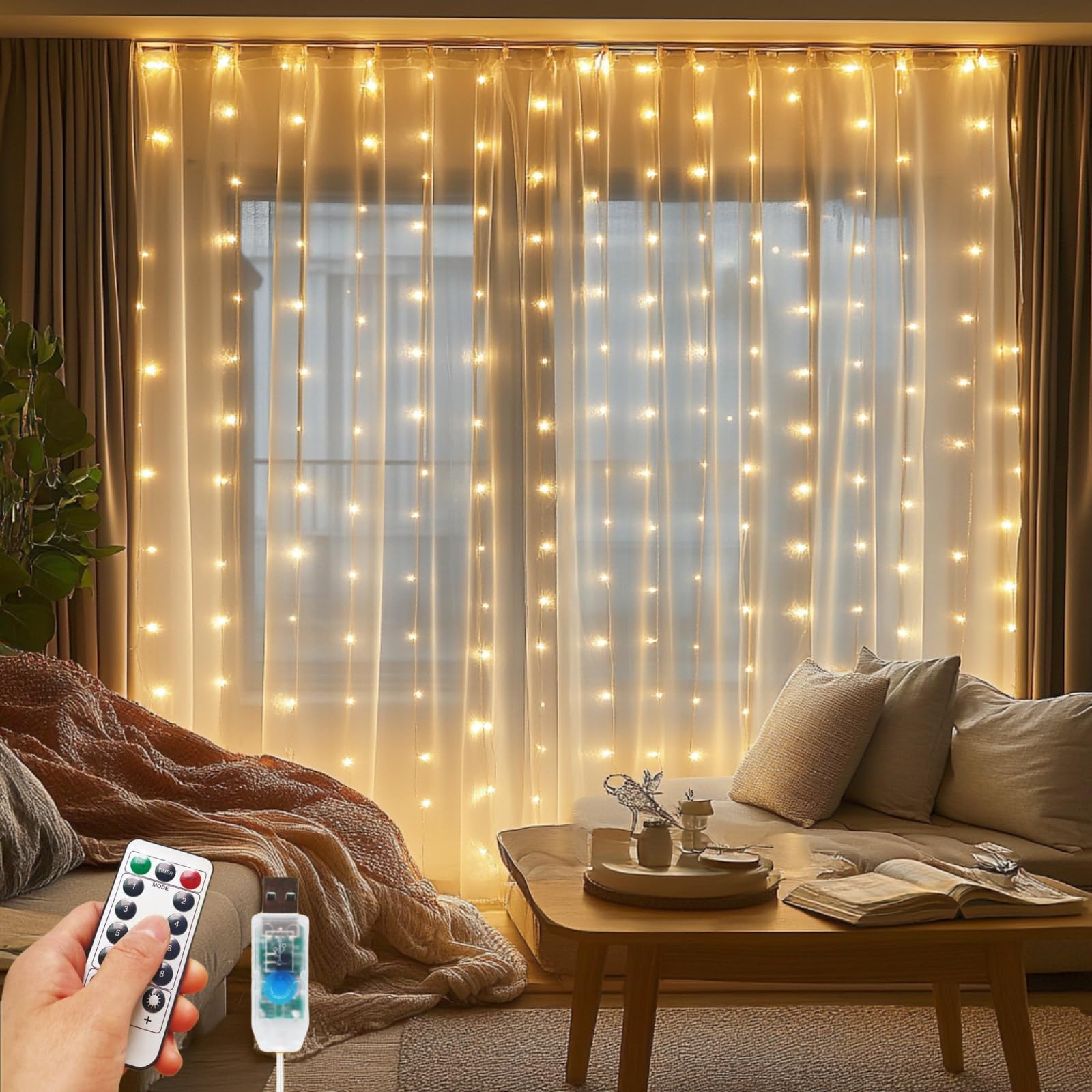 Patioman Fairy Curtain Lights, 200 LED, Warm White, 6.6 x 6.6 Ft, Tangle-Free, USB Plug-In, Model PMFL01