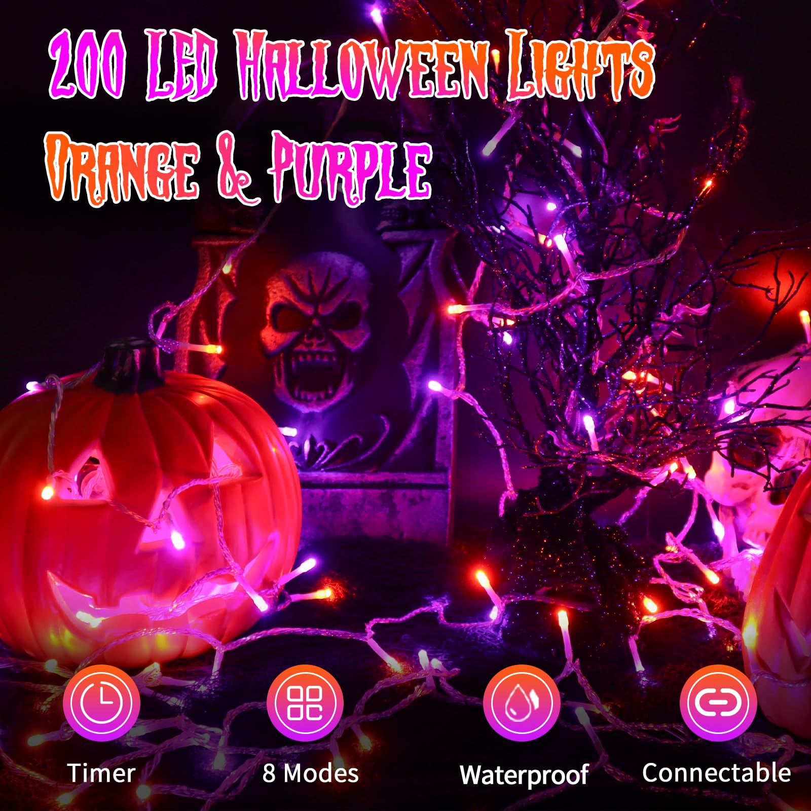 Jxledayy 66 Ft 200 Led Halloween Lights Outdoor Decorations Waterproof Fairy String Lights Plug In With Remote Timer 8 Modes For Outside House Tree Bush Garden Yard Party Decor-Purple & Orange