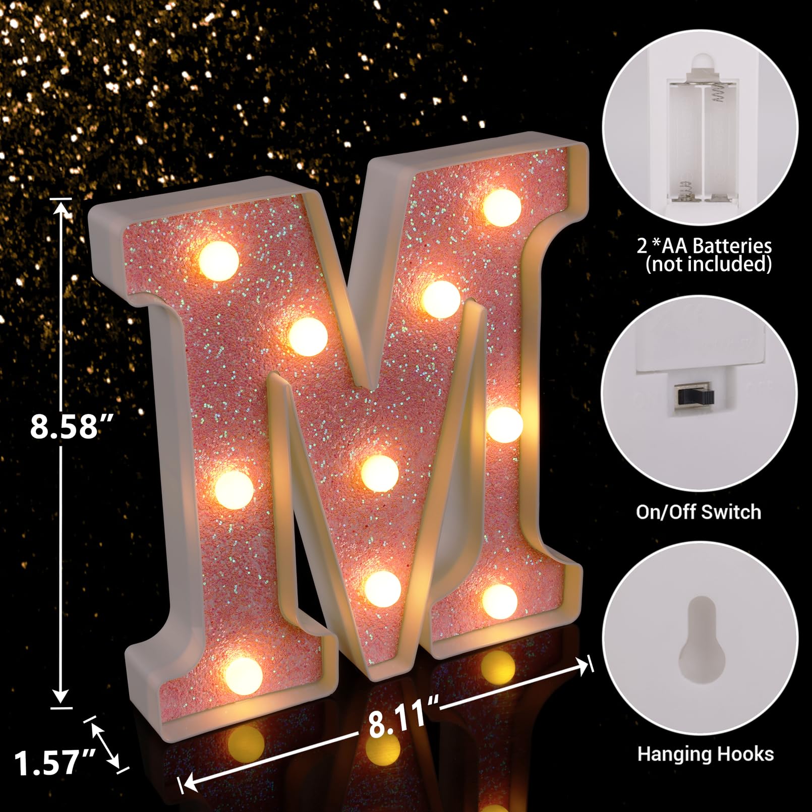 TRONSBOO LED Letter Light - Pink Glitter Marquee Sign, Battery Powered, 8.11x8.58x1.57 inches, Model Pink-Light-M