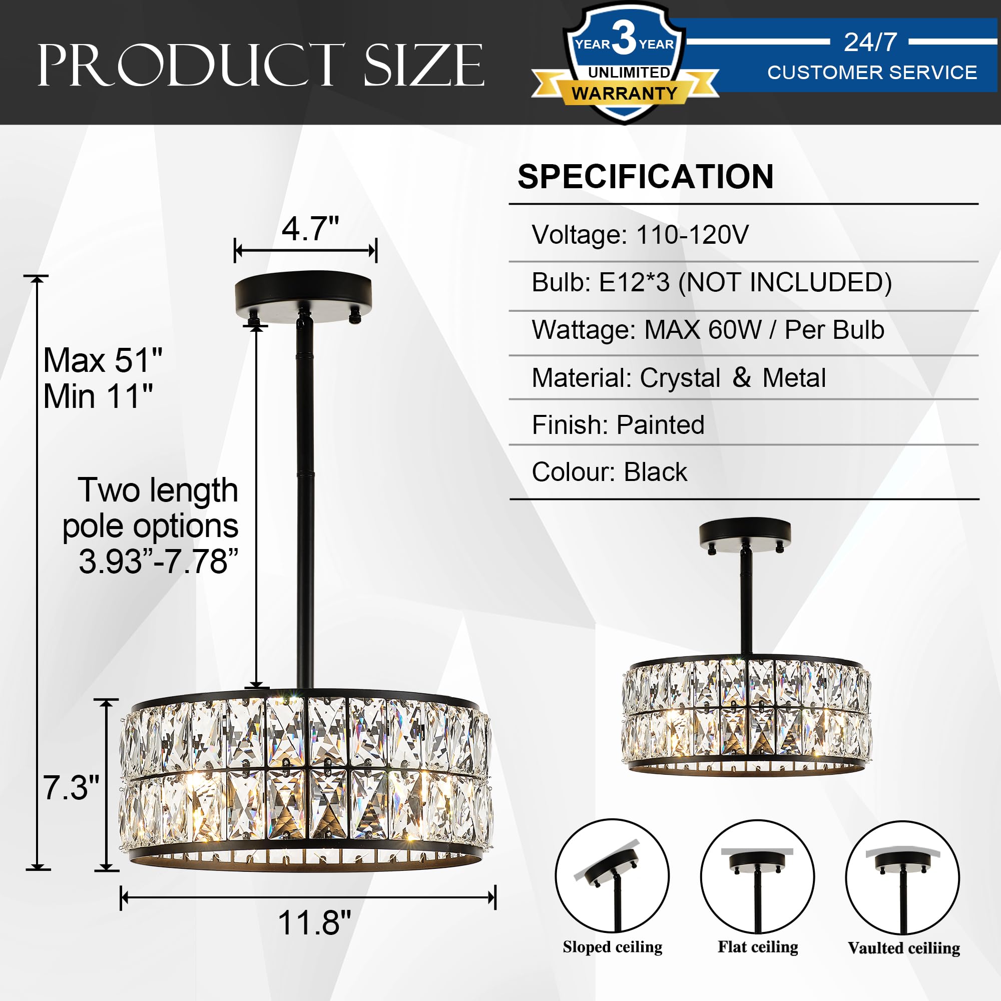 Salaiwei 12    3-Light Modern Crystal Chandeliers Black Dinning Room Light Fixture With Two Poles, Round Pendant Light Kitchen I