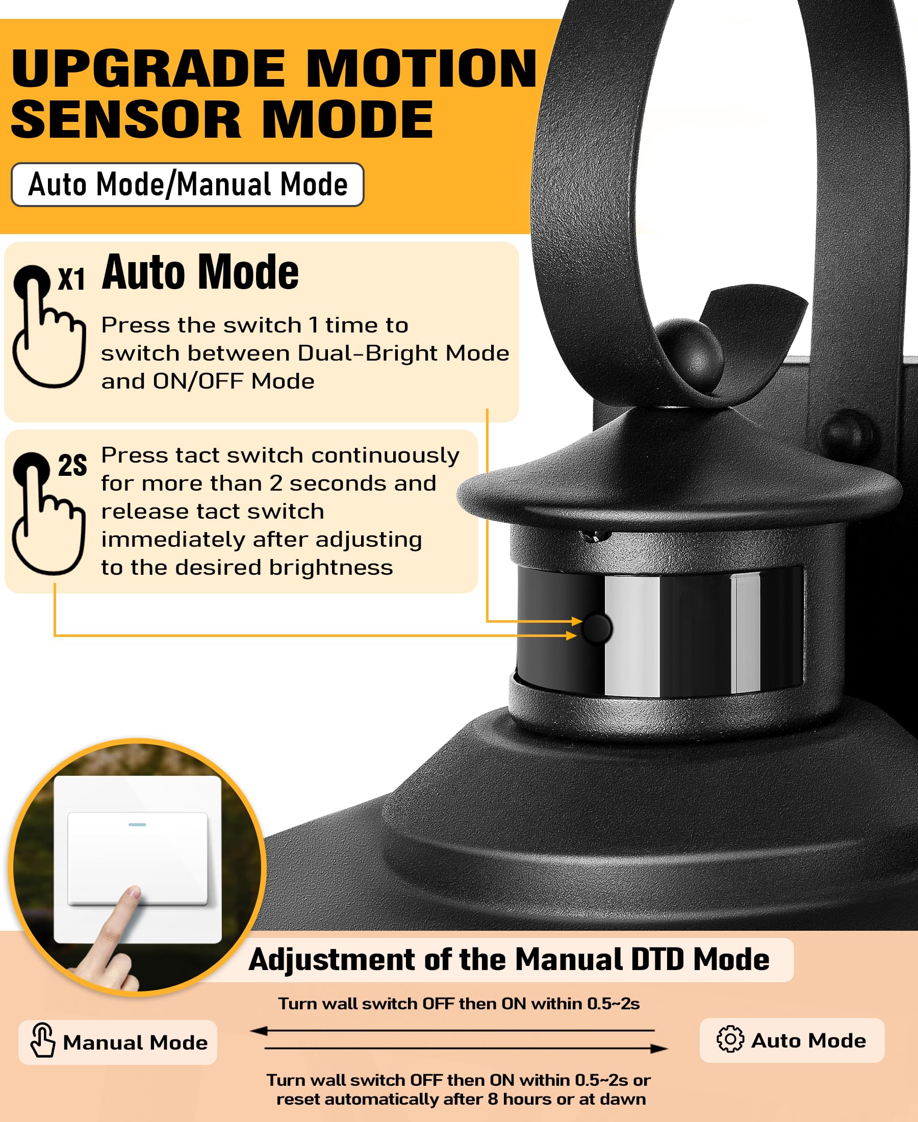 DBF Motion Sensor Outdoor Wall Lights, Anti-Rust Waterproof, E26 Socket, Black, Dusk to Dawn, Model B06140PG