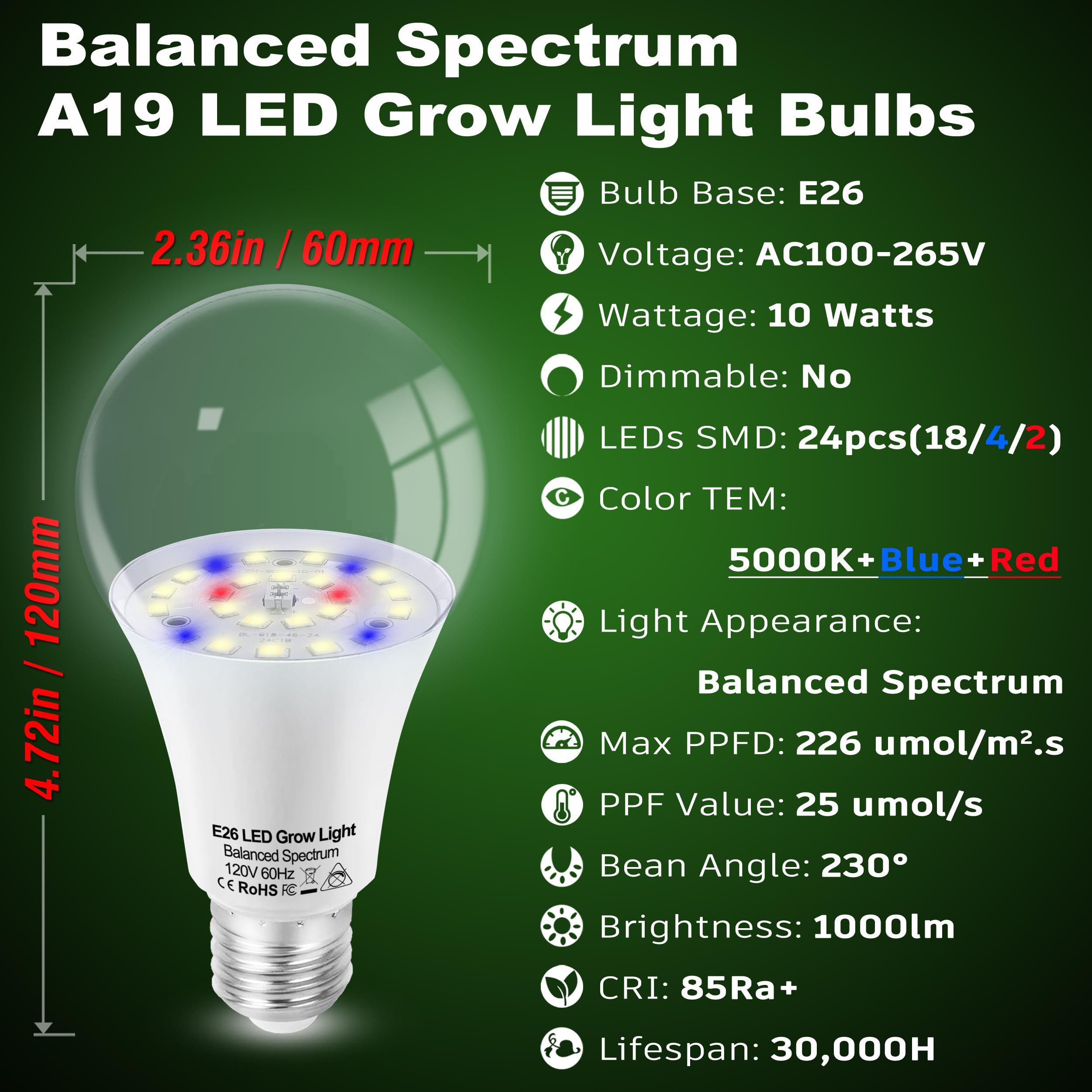 ALIDE Grow Light Bulbs for Indoor Plants, E26 A19 LED 10W, Full Spectrum 5000K Red Blue, 3-Pack