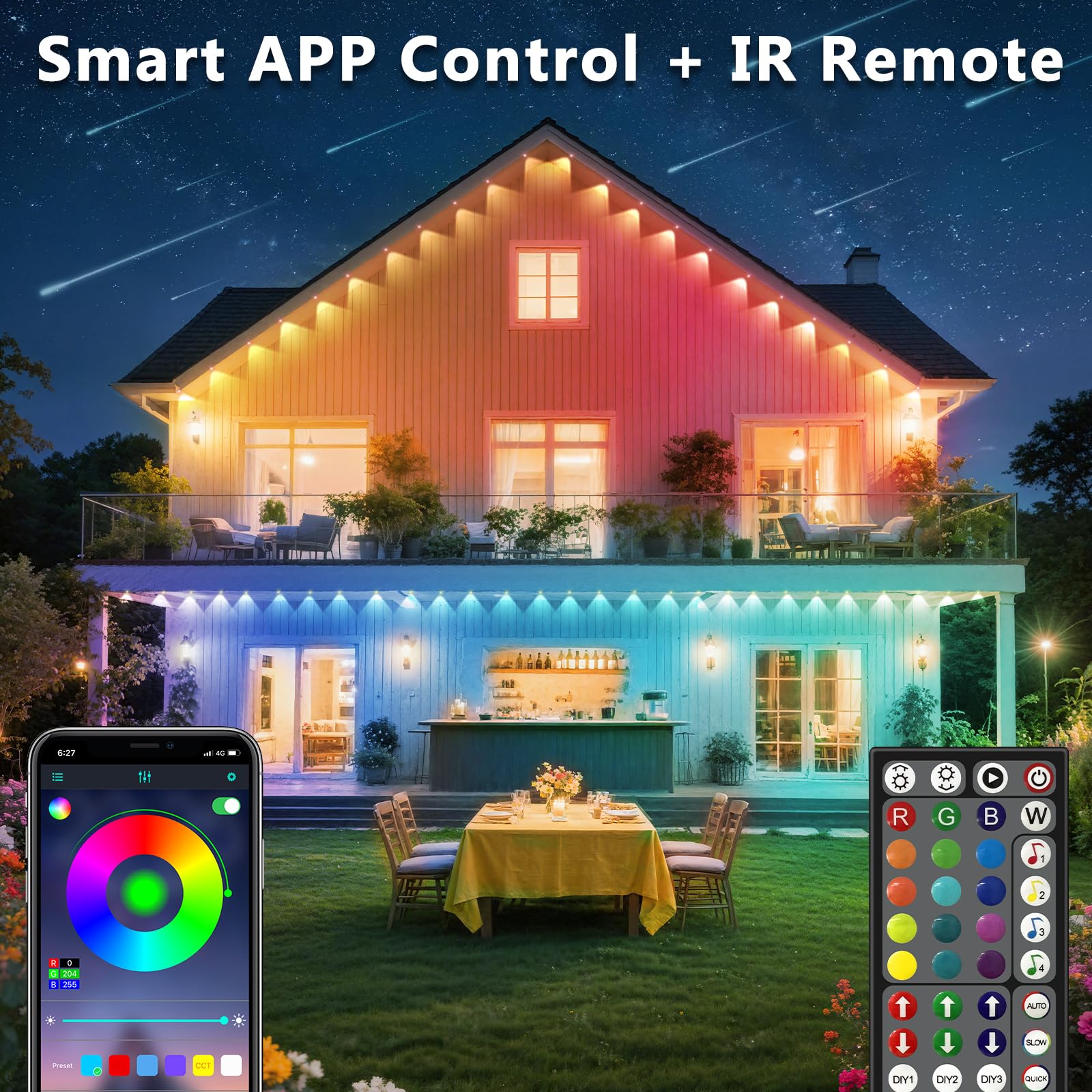 CETELUMA 300FT RGB Outdoor String Lights, IP67 Waterproof, Smart Control for Eaves, Holiday & Daily Decor