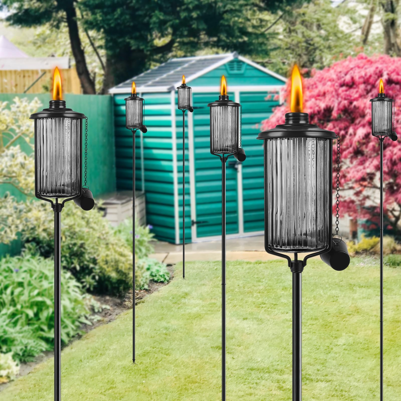 Falbawr 4 Pack Black Glass Citronella Torches - 55&quot; Outdoor Garden Lights With Stake