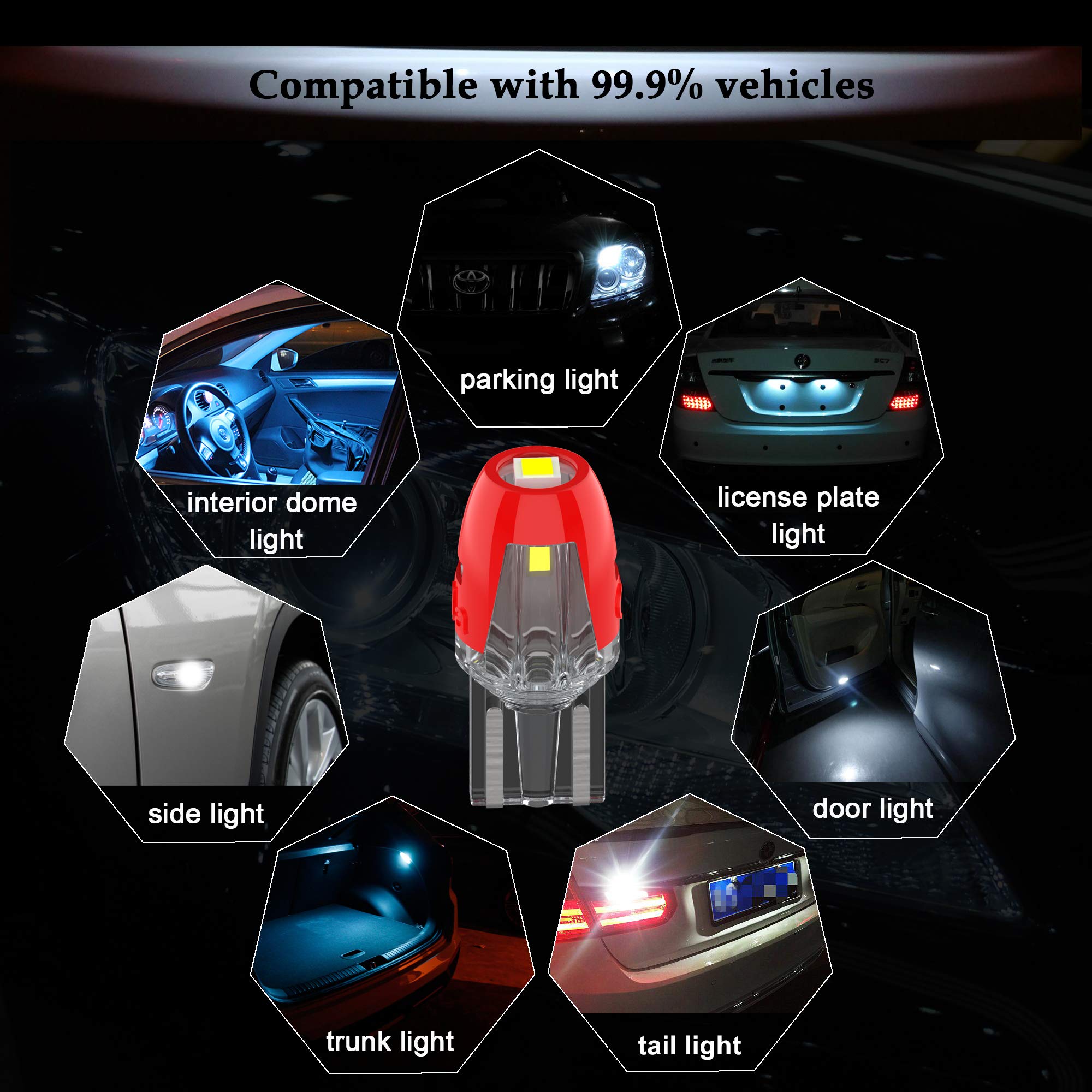 Alla Lighting W2.1X9.5D Base Mini T10 Wedge 2825 168 194 Led Bulbs Smd Super Bright 6000K White Interior Map/Dome/Trunk/Glove Box/License Plate Lights W5W 161 175