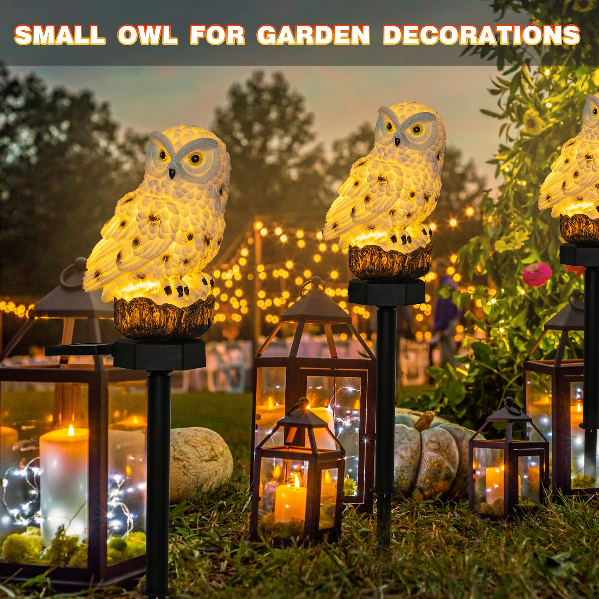 Dazzle Bright Owl Figure Solar LED Lights, 2 Pack, White Resin Garden Decorations for Outdoor Yard, Waterproof Stake, Gifts for Owl Lovers