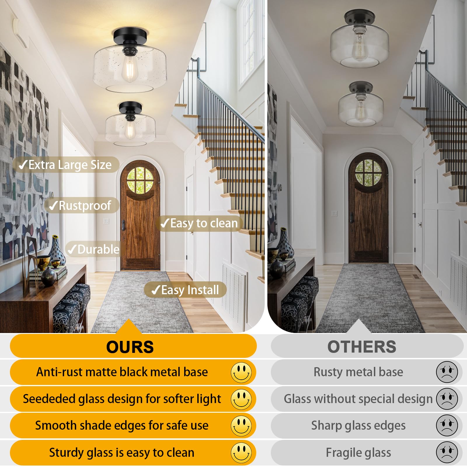 Sunrider Industrial Semi-Flush Mount Ceiling Light Fixture, Seeded Glass Lamp Shade, Black Metal Farmhouse Lights For Hallway Ki