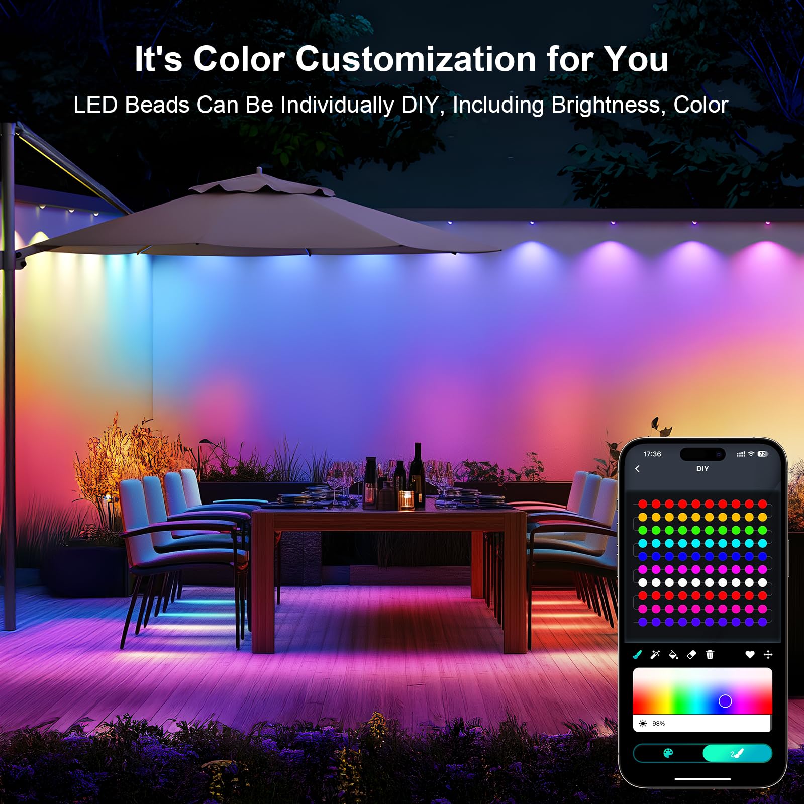 Super RGB Outdoor LED String Lights, 100FT, 60 LEDs, IP67 Waterproof, White & Colorful, Model JG-001W-10, Smart APP Control