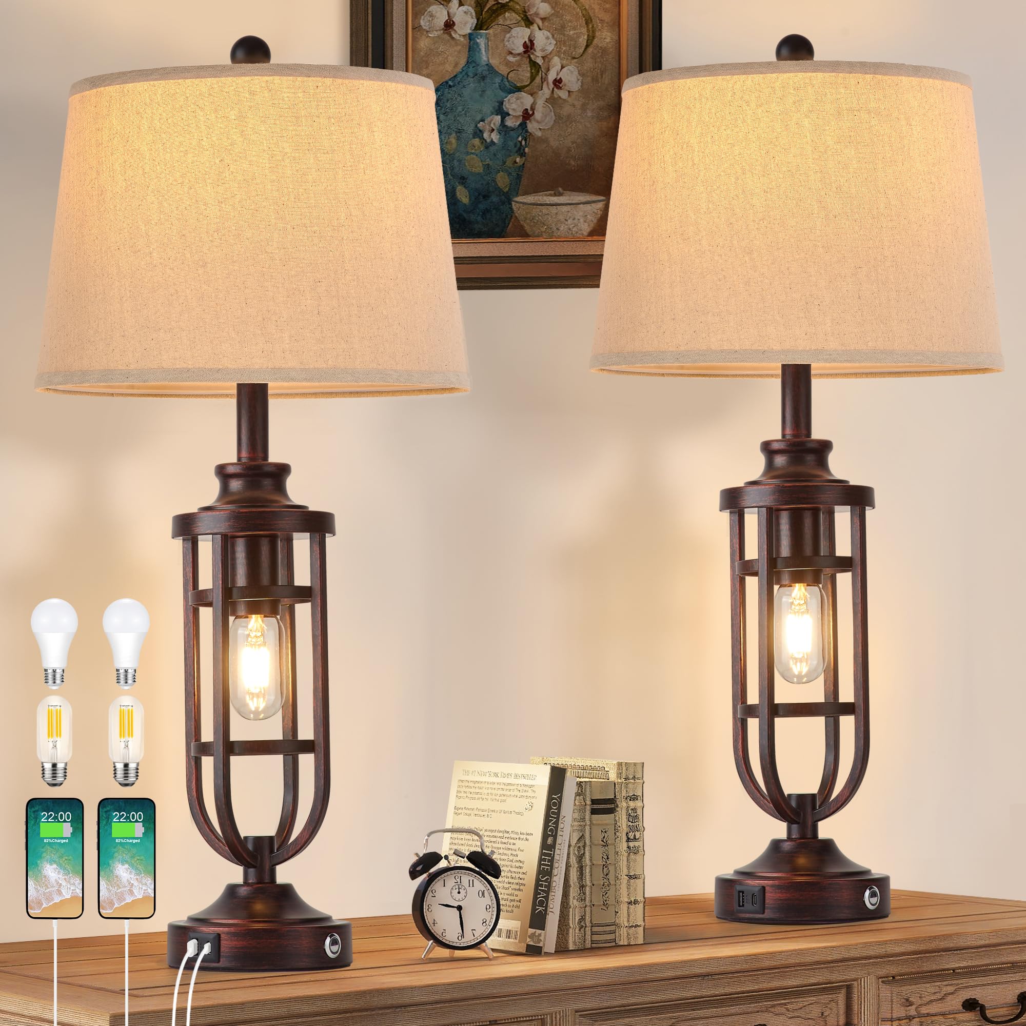 SRJJRS 28'' Table Lamps for Living Room Set of 2, Farmhouse Bedroom Lamps for Nightstand with USB A+C, Rustic Bedside Lamps for 