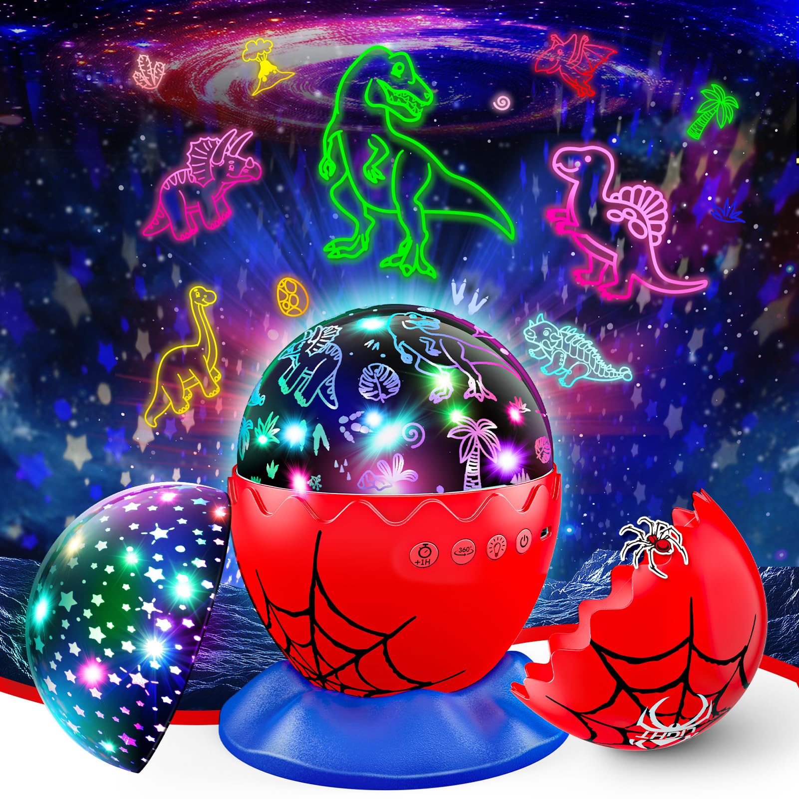 Spider Egg Night Light Projector For Kids: Night Lights Toys For 3-5 6 7 8 9 10 11 12 Year Old Boys, 2-In-1 Dinosaur & Star Proj