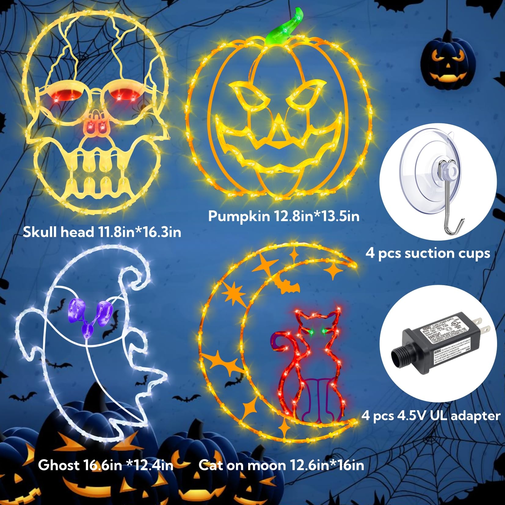 Pytopkto 16" Halloween Window Decorations Lights - 4 Pack Colour Lighted Cat On Moon & Ghost & Pumpkin & Skull Head For Holiday Indoor And Outdoor Wall Door Window Decorate