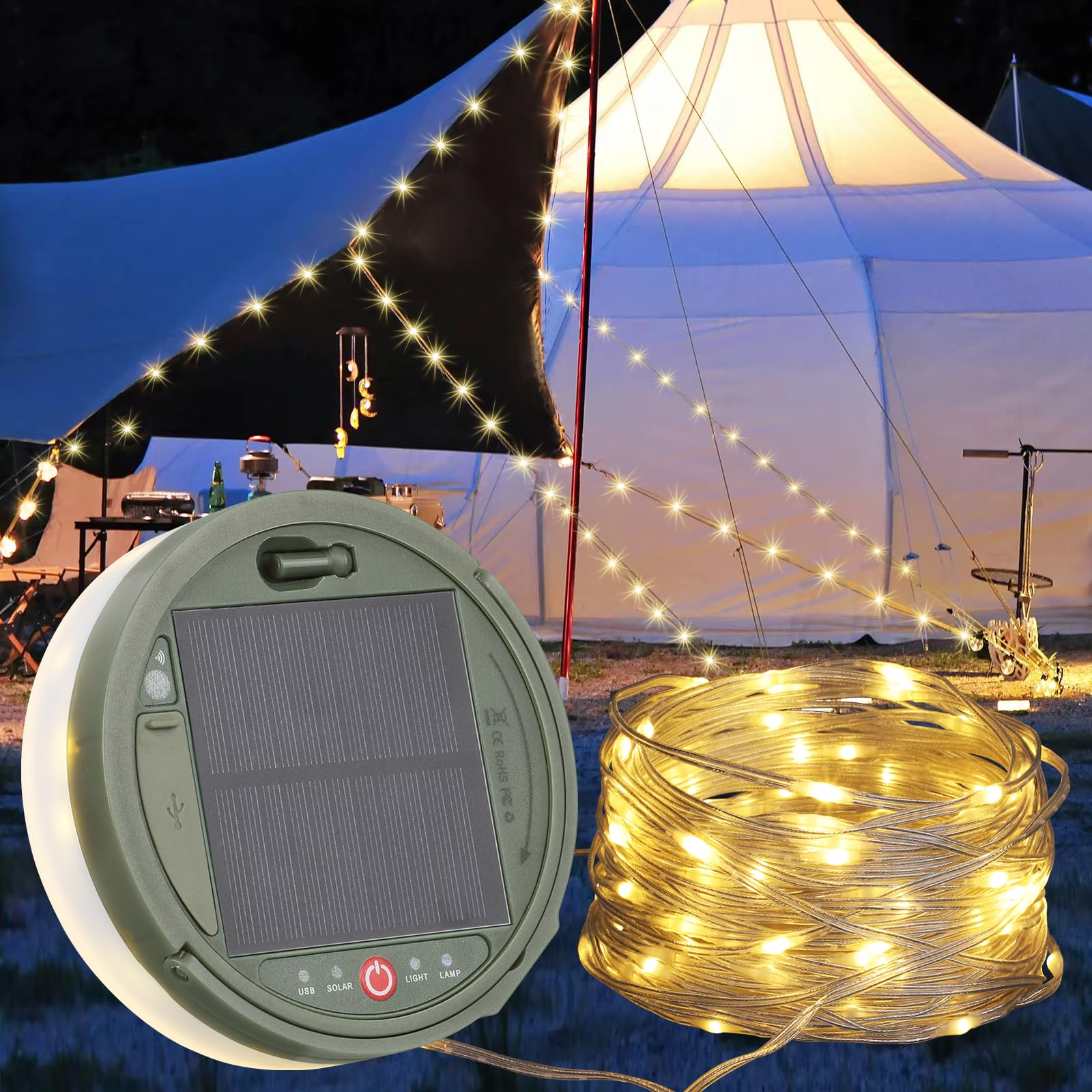 UOUNE Solar Camping String Lights, 39.4FT, Waterproof, 8 Lighting Modes, Rechargeable, Remote Control, Green & White, Model HG04776