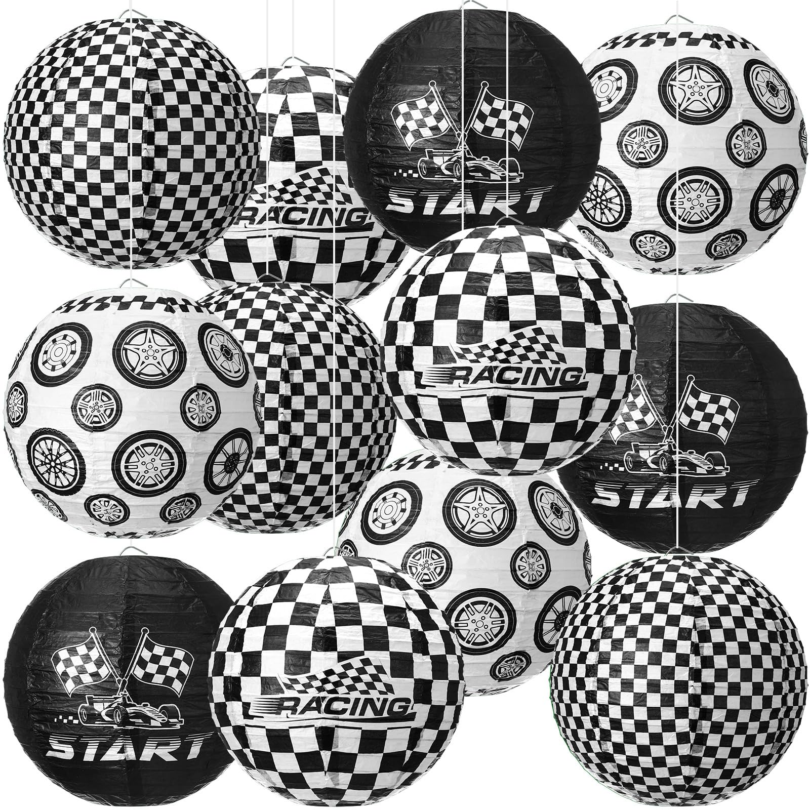 Vihose 12 Pieces Black And White Checkered Paper Lanterns Race Car Party Decorations 8 Inch Checkered Flag Hanging Round Paper L