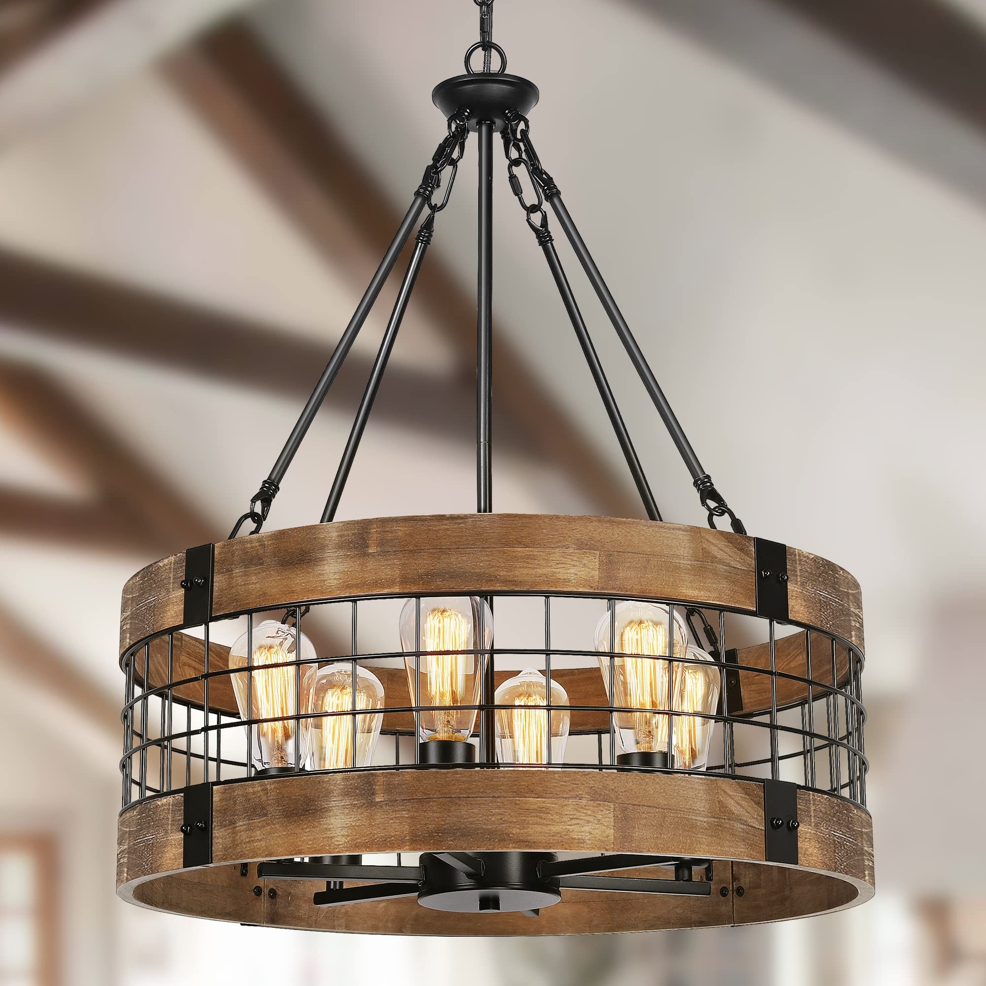 6-Light Farmhouse Wood Chandelier for Dining Room, Rustic Foyer Light Fixtures, Industrial Drum Hanging Lights for Kitchen Islan