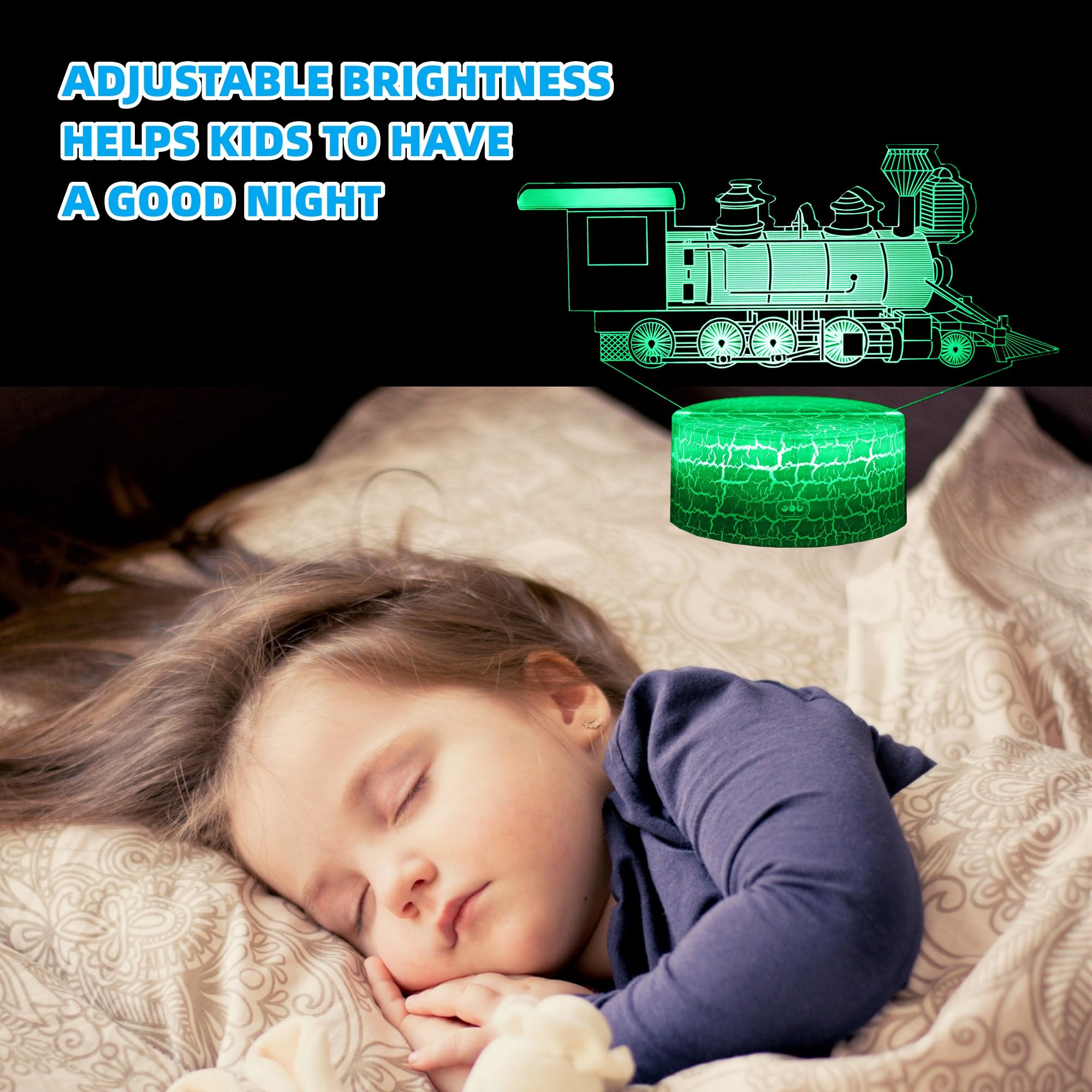 Kenmaca Train Night Light For Kid Boy Girl Bedroom, 3D Illusion Led Lamp, 2 Patterns 16 Colors Changing Dimmable Cool Room Decor