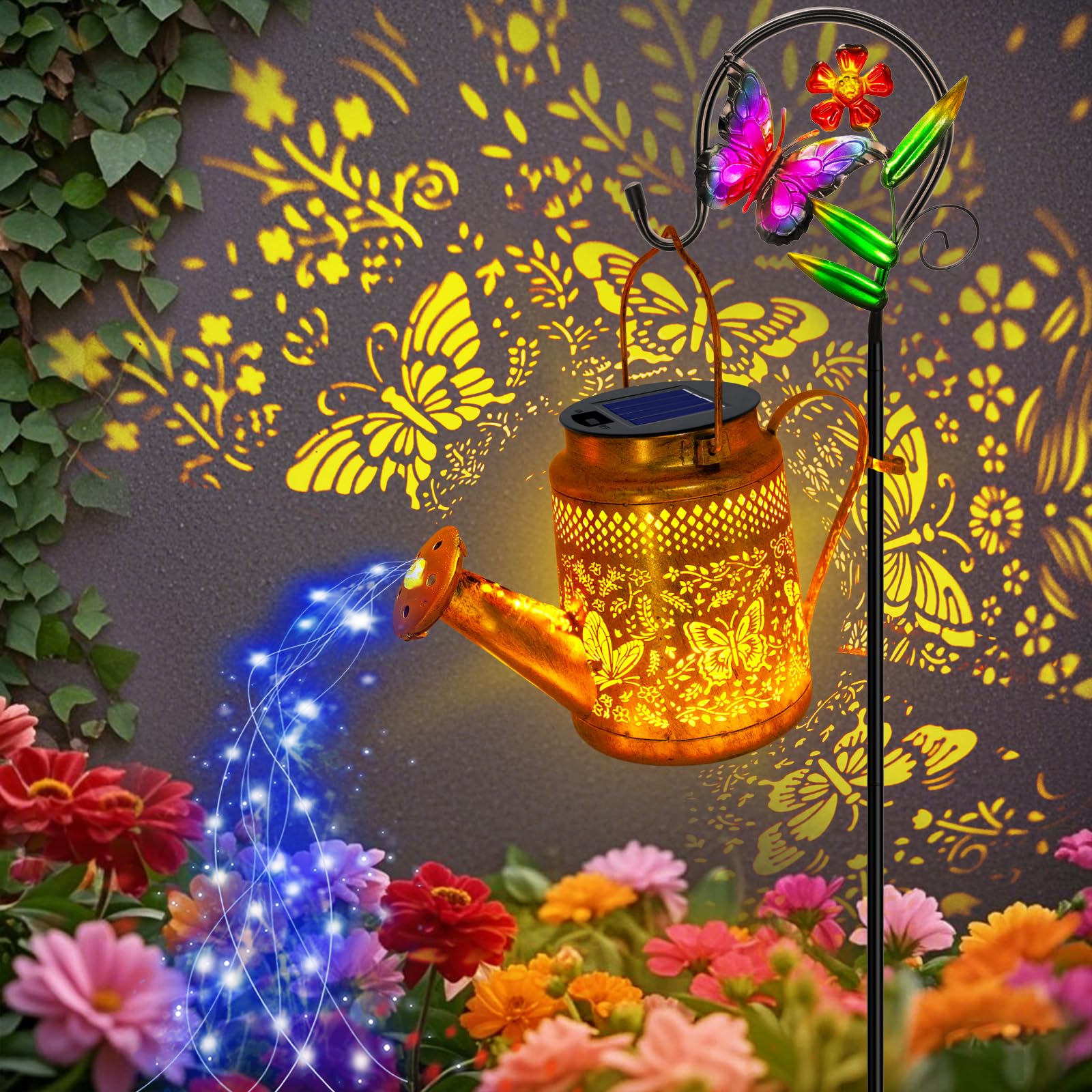 Butterfly Solar Lights Outdoor Waterproof  Solar Watering Can Lights With Shepherd Hook  Metal Hanging Lantern Garden Decor Yard Outside Patio Lawn  Gifts For Mom Grandma Women Birthday