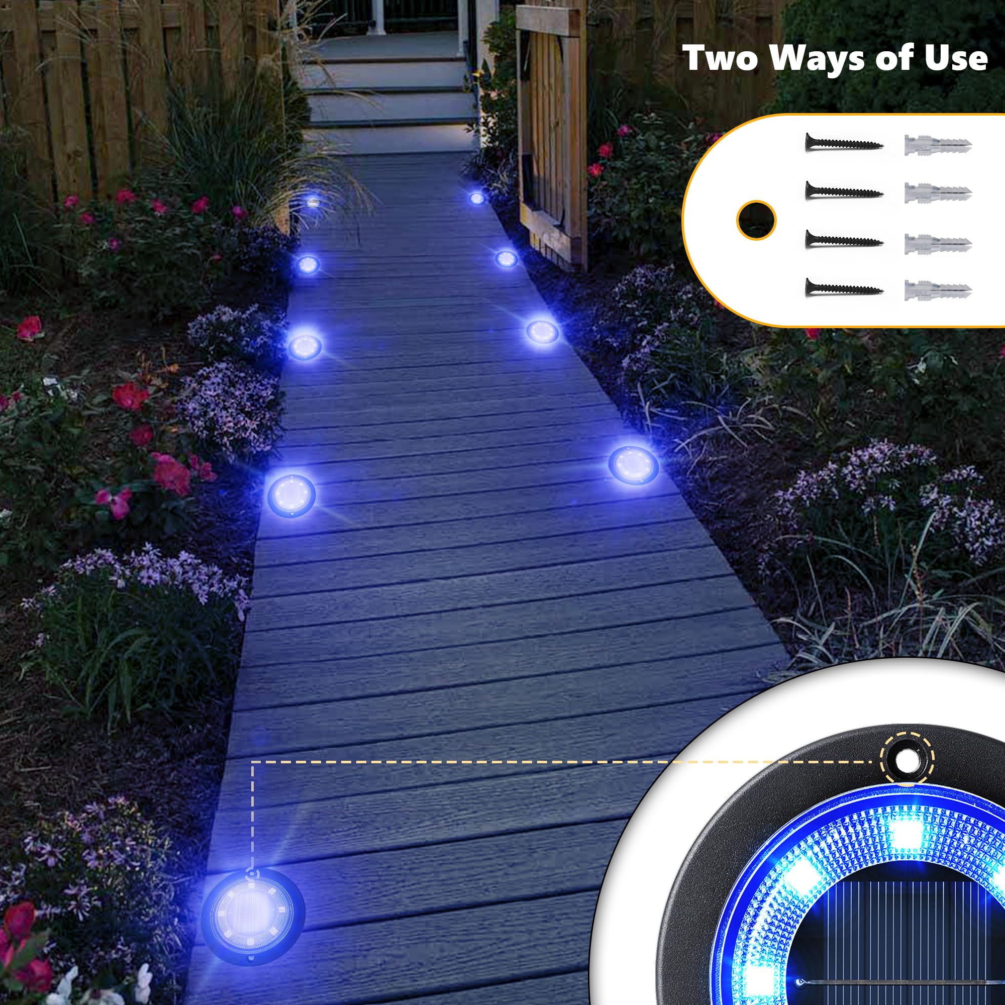 Flacchi Solar Ground Lights - Waterproof Disk Light for Patio, Yard, Walkway - 12 Pack, Blue, Model YN001
