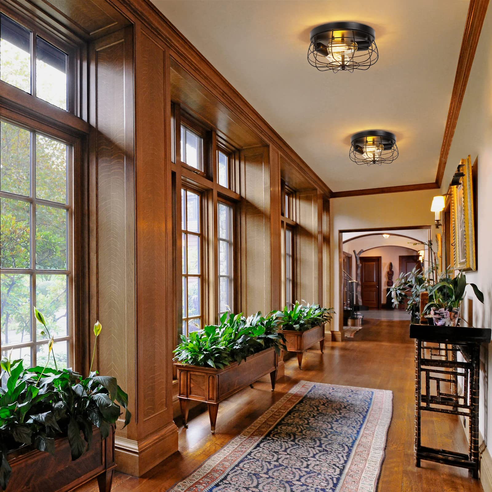 Industrial Black Flush Mount Ceiling Light 2-Light Farmhouse Ceiling Light Fixtures Metal Cage Ceiling Lighting For Hallway, Kit